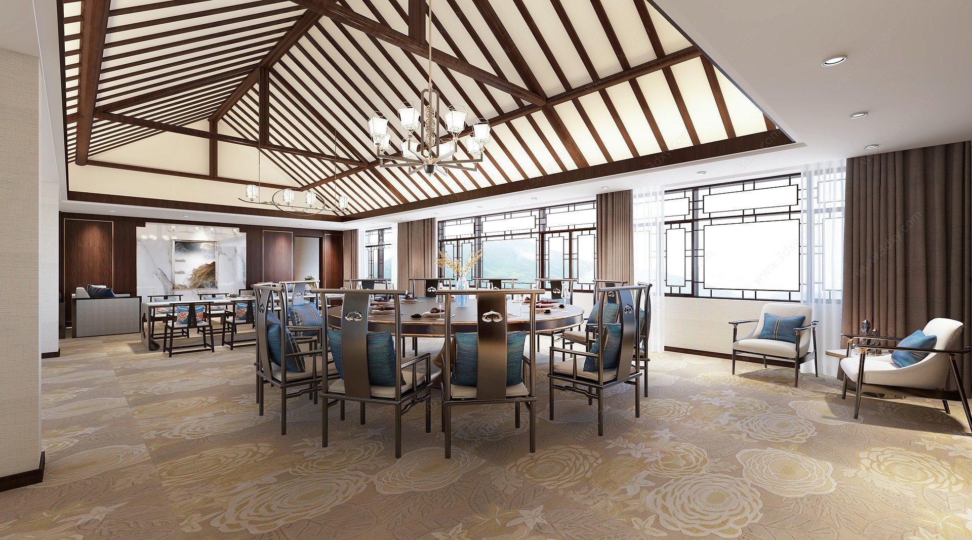 新中式接待厅餐厅茶室3D模型