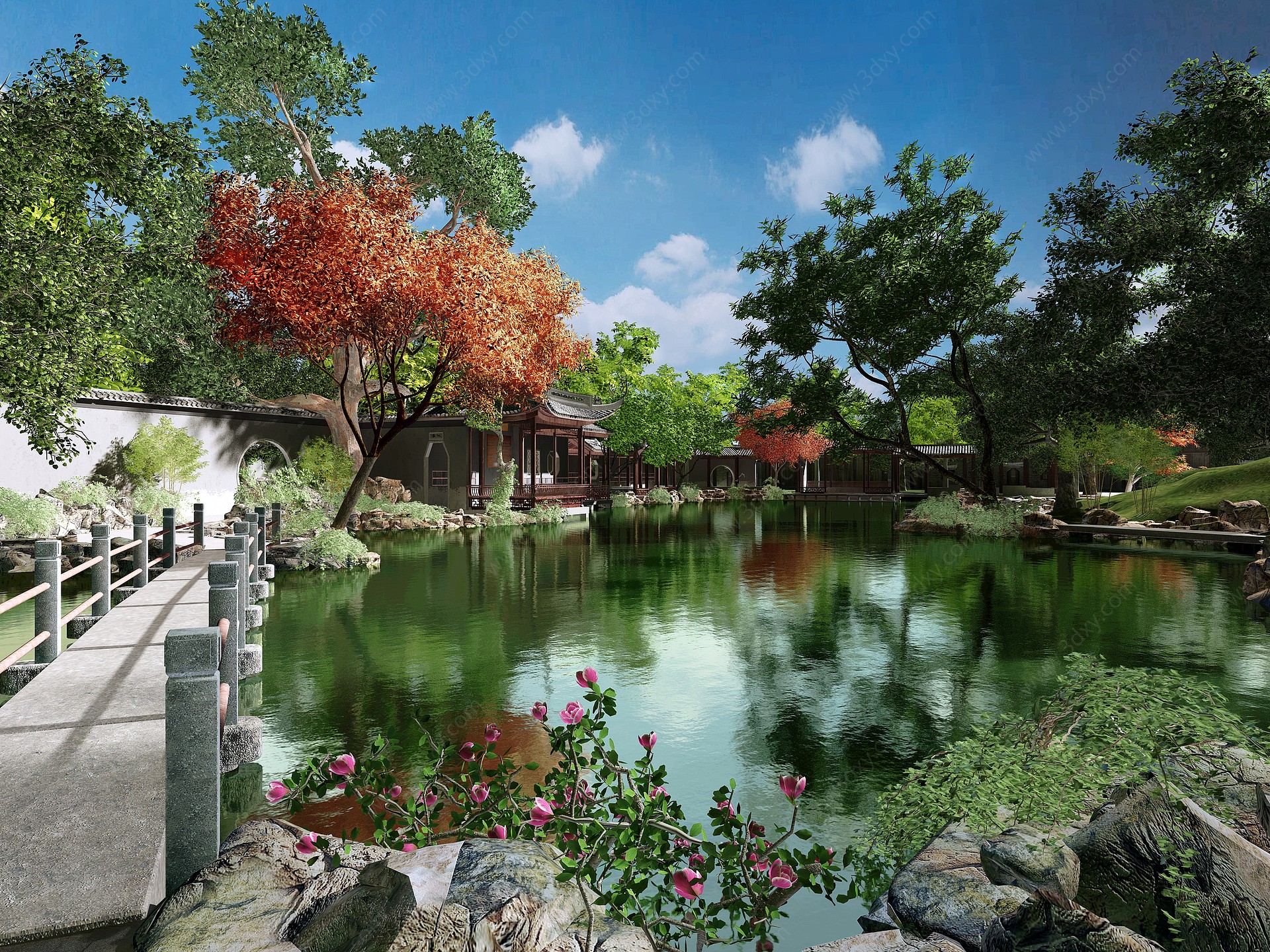 中式苏州园林景观小桥亭子3D模型