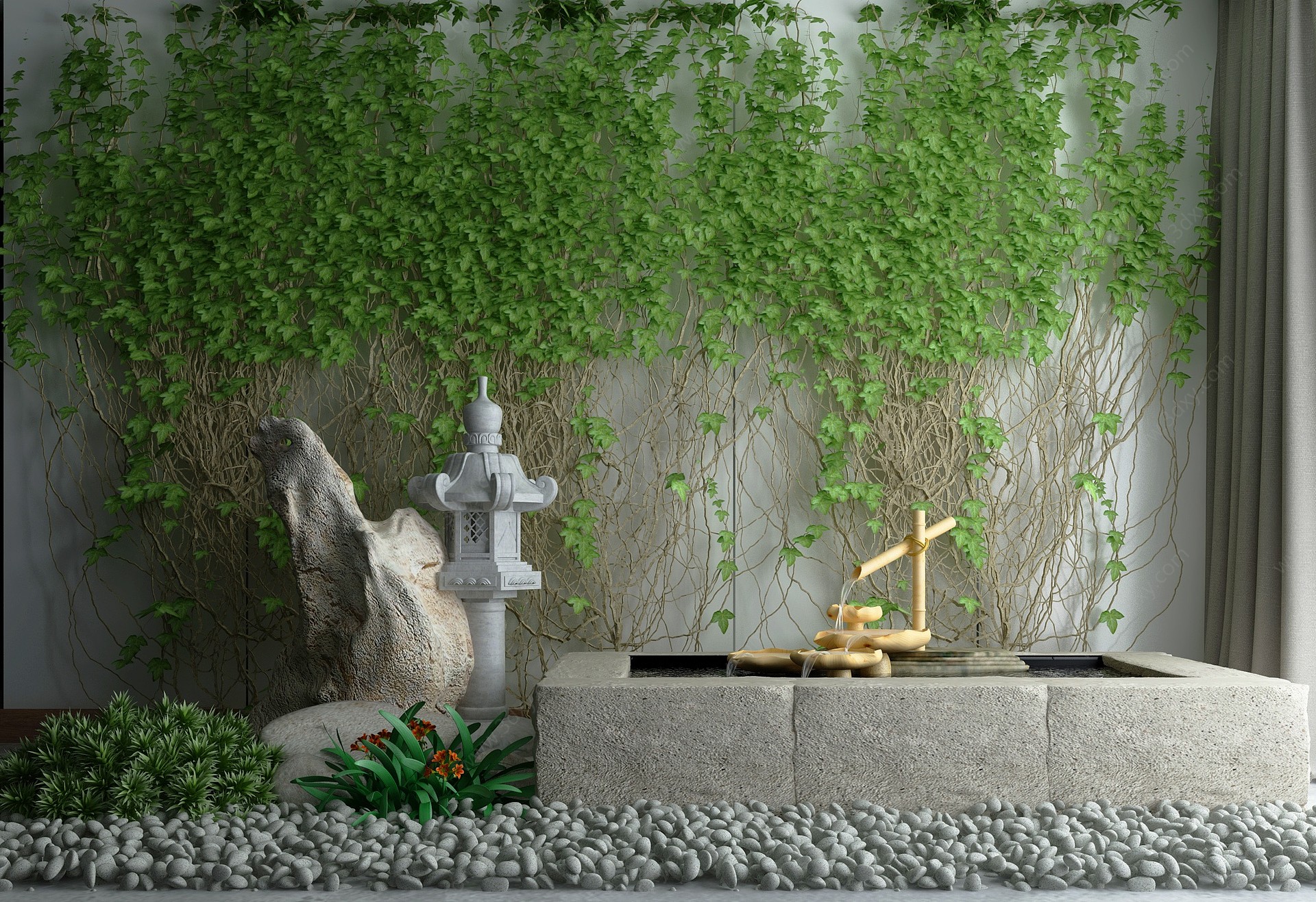 新中式庭院假山景观小品3D模型