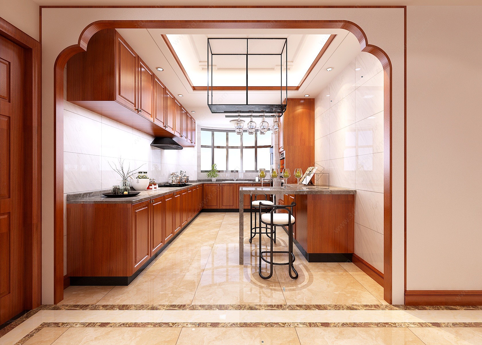 新中式厨房厨房吧台橱柜3D模型