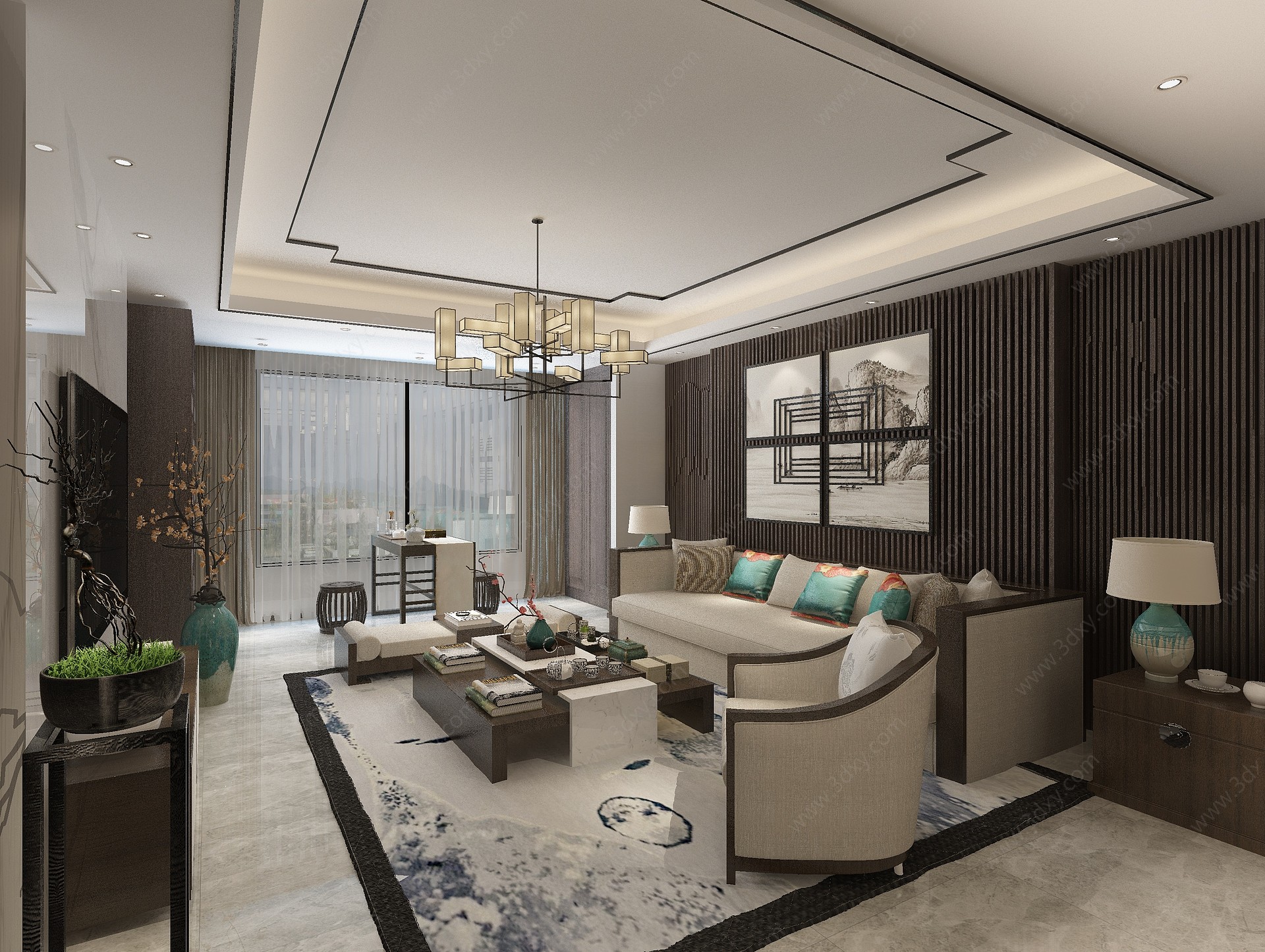新中式客厅沙发灯具背景墙3D模型