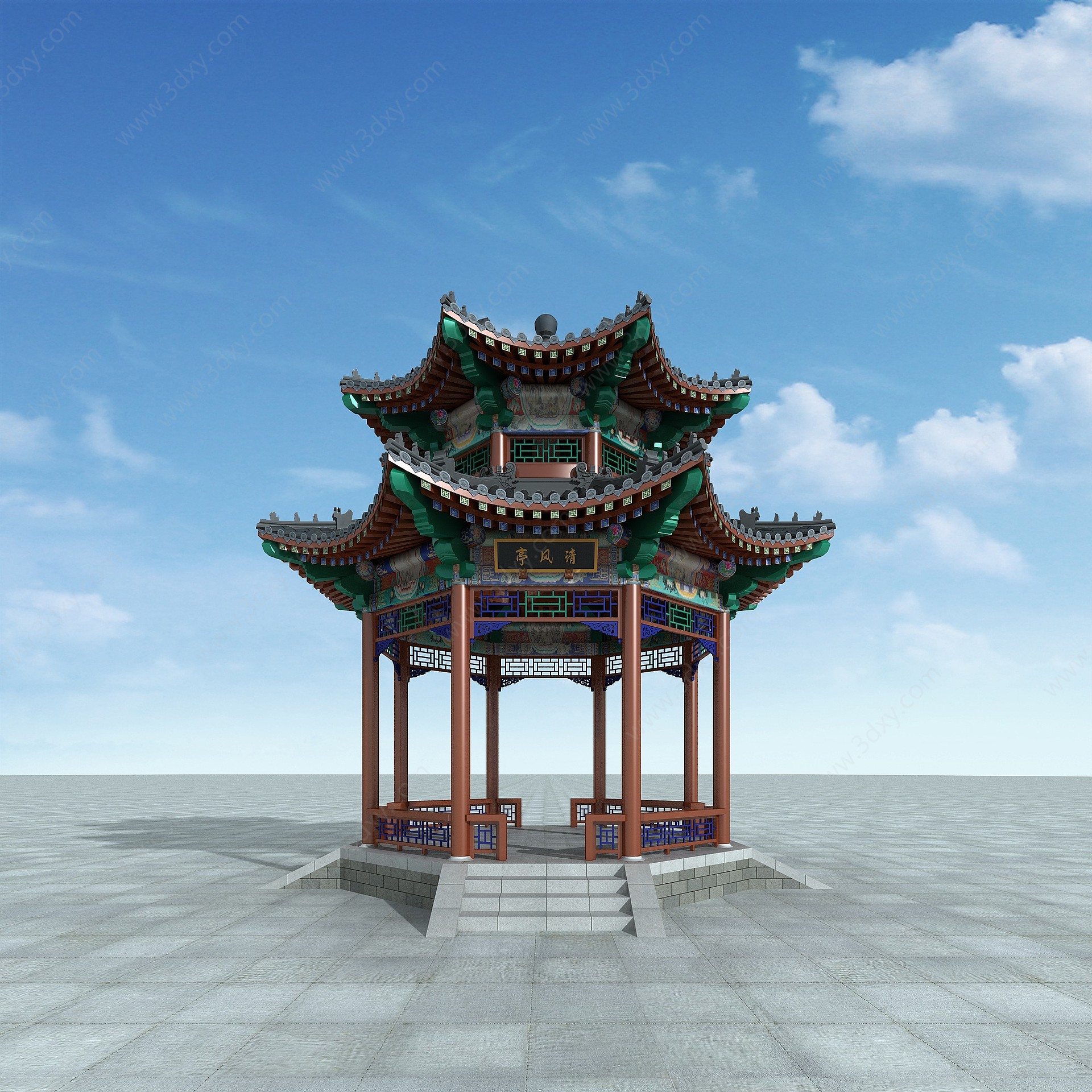 中式亭子，八角亭3D模型