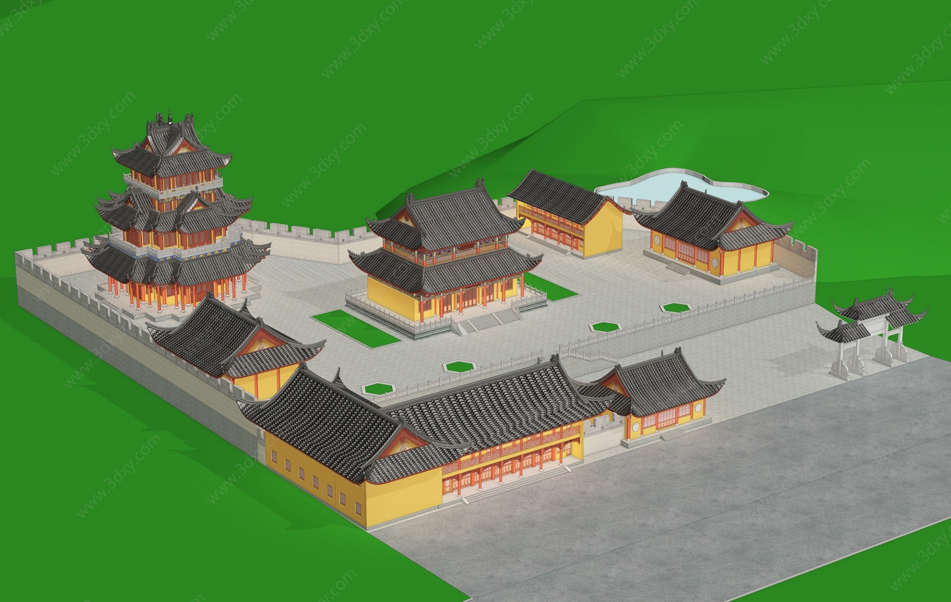 现代古建筑寺庙牌楼塔楼3D模型