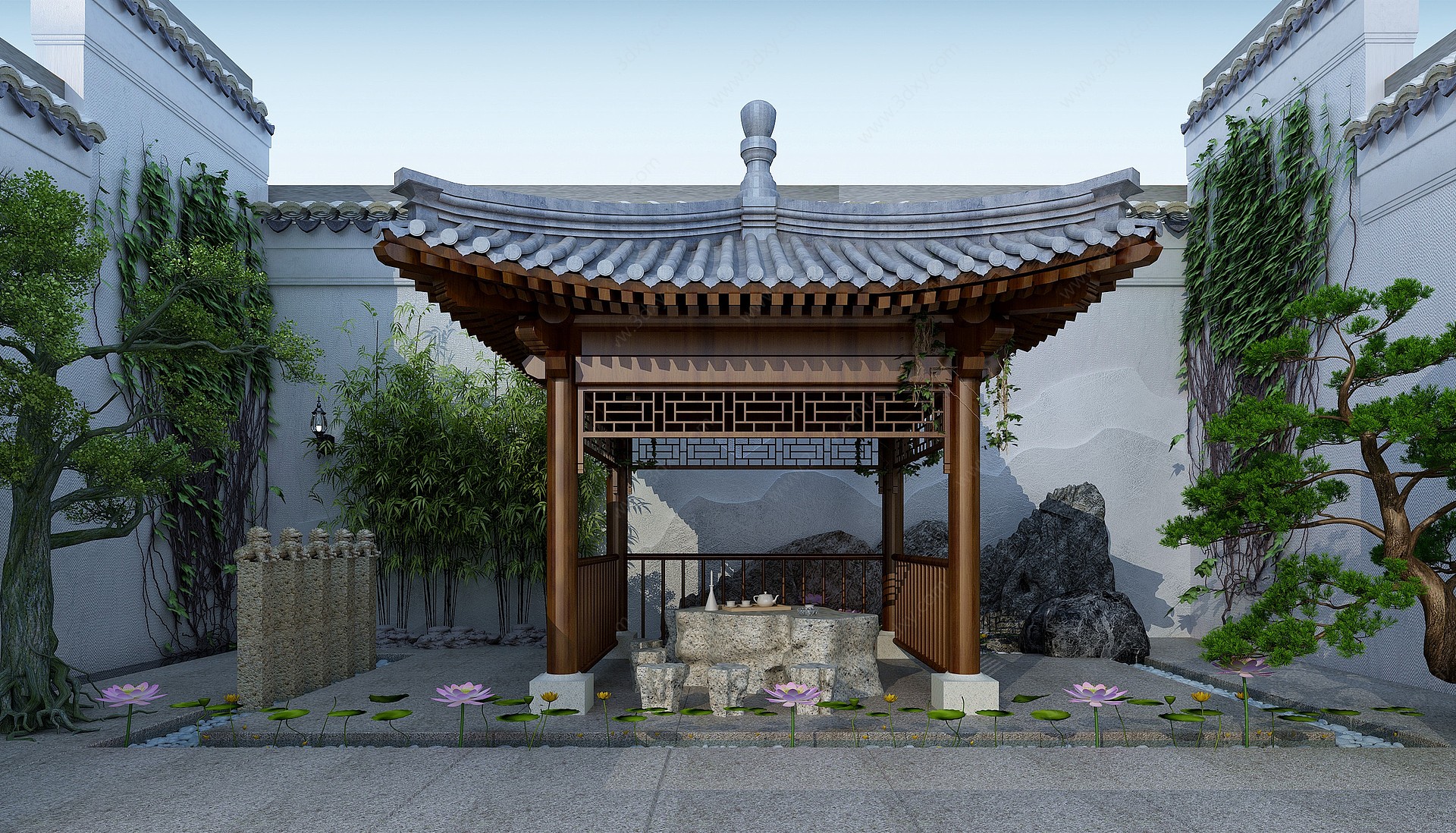 新中式庭院园林景观小品3D模型
