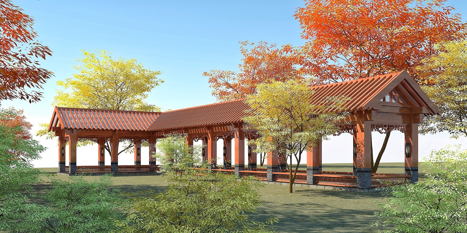 新中式休闲长廊园林景观3D模型