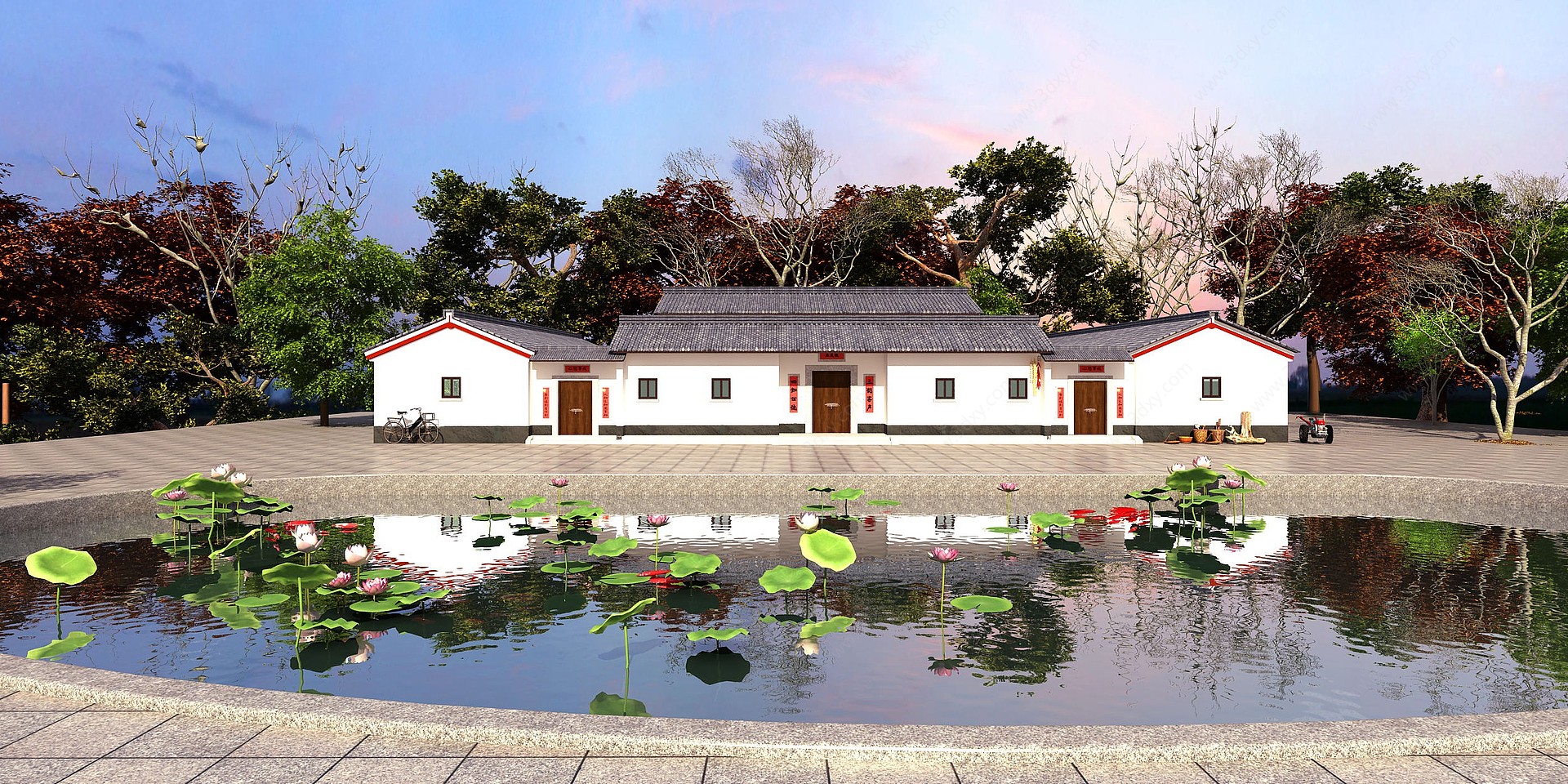 中式荷花池塘农村房屋3D模型