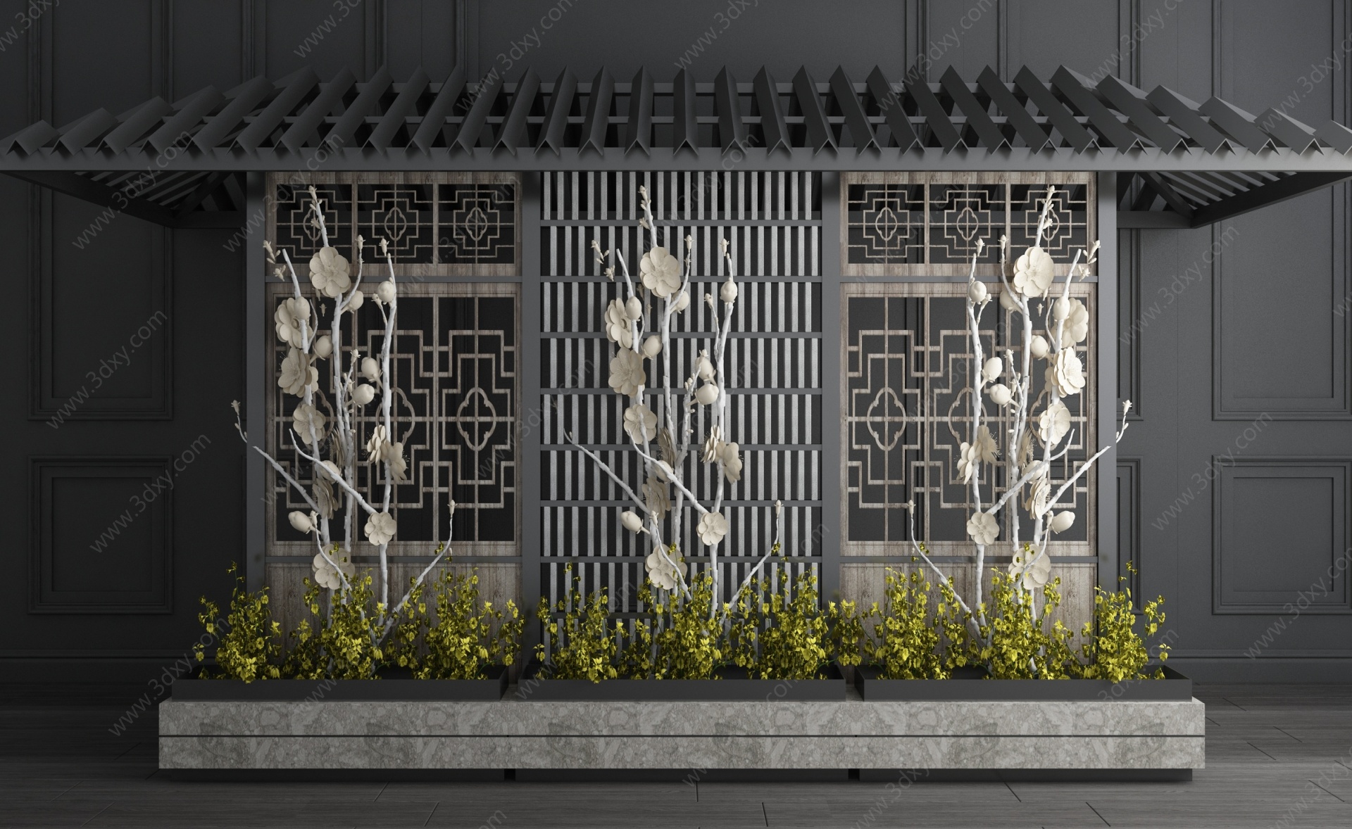 新中式花池景观3D模型