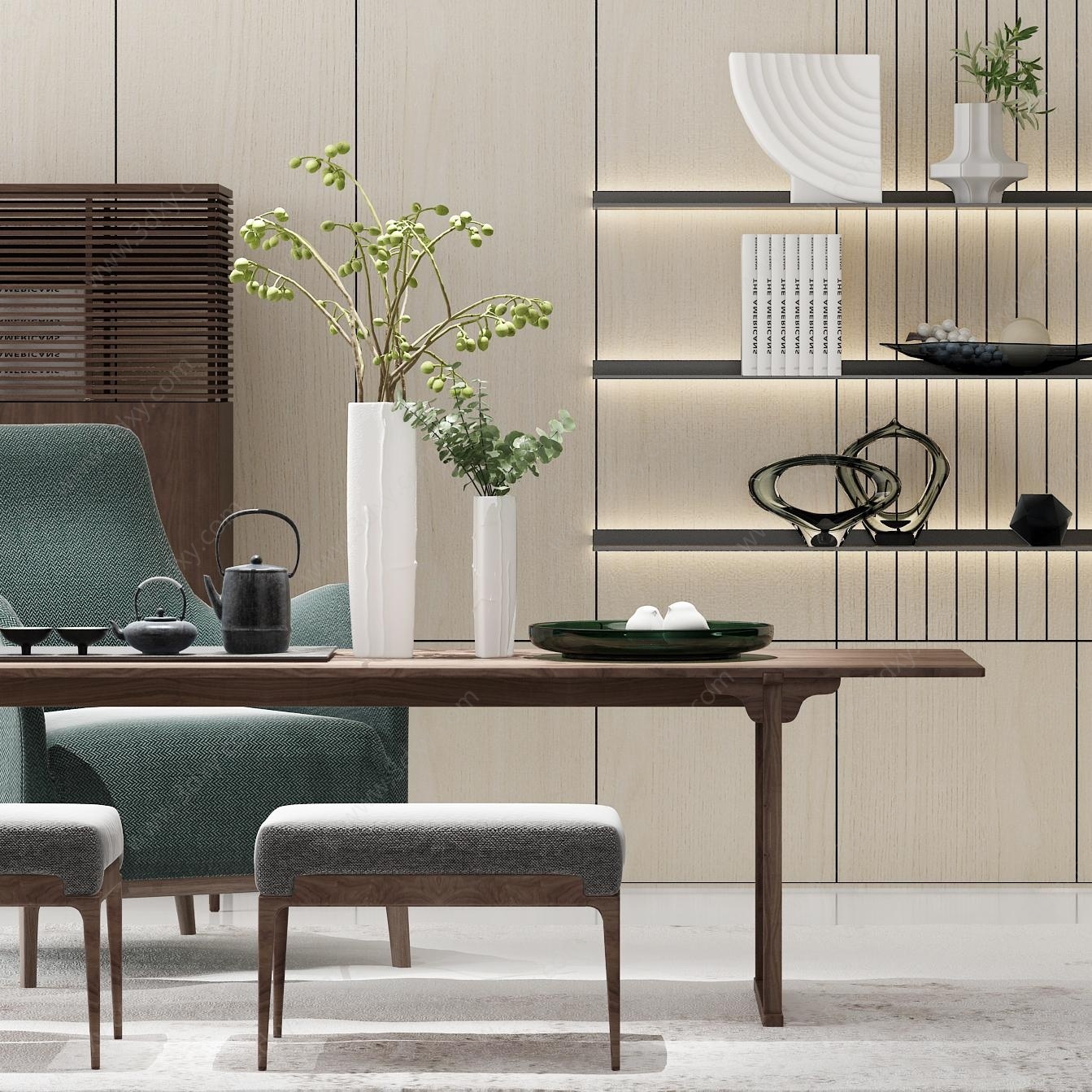 新中式茶室书房茶桌椅子3D模型