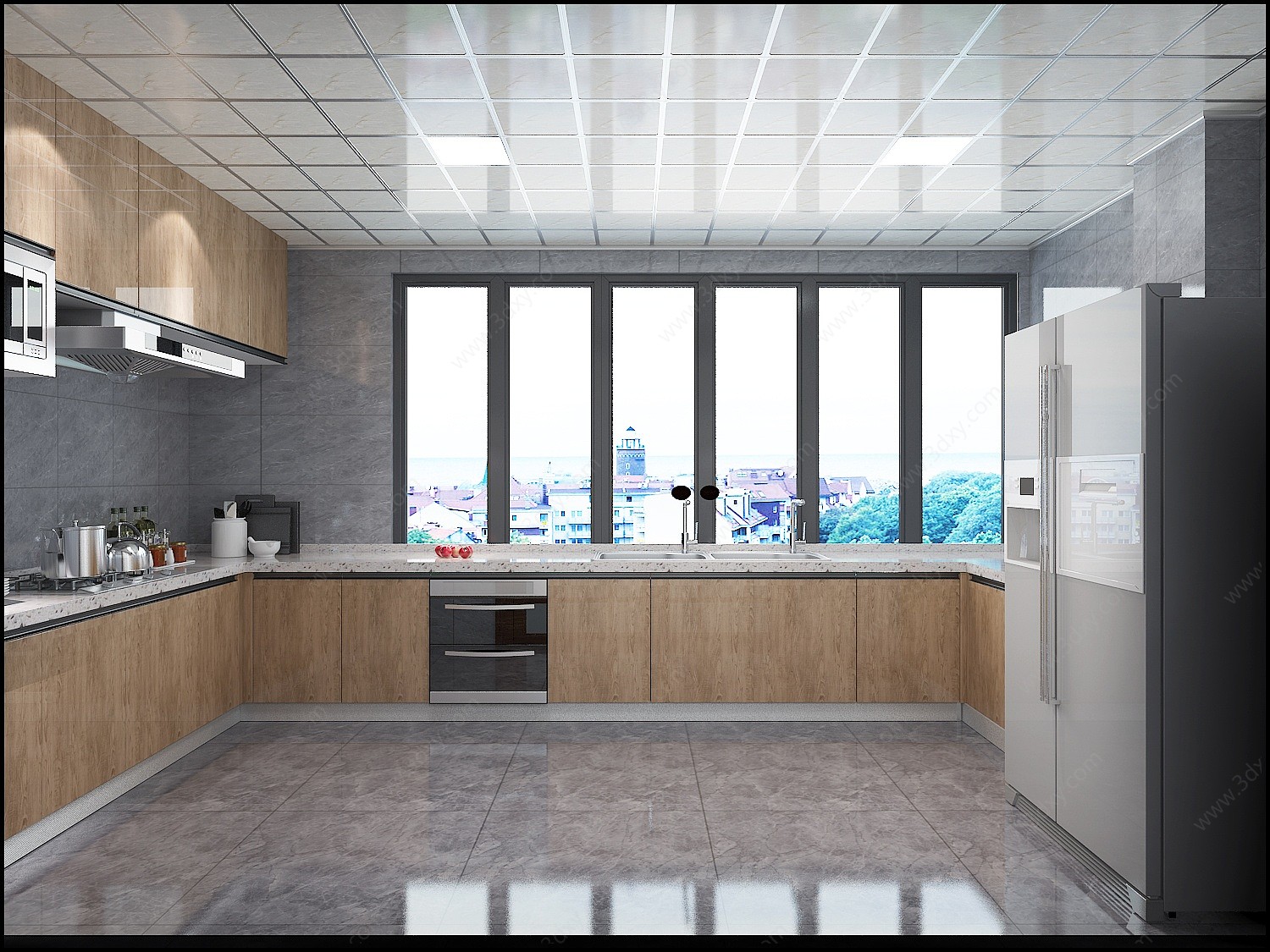 现代厨房冰箱橱柜铝扣板3D模型