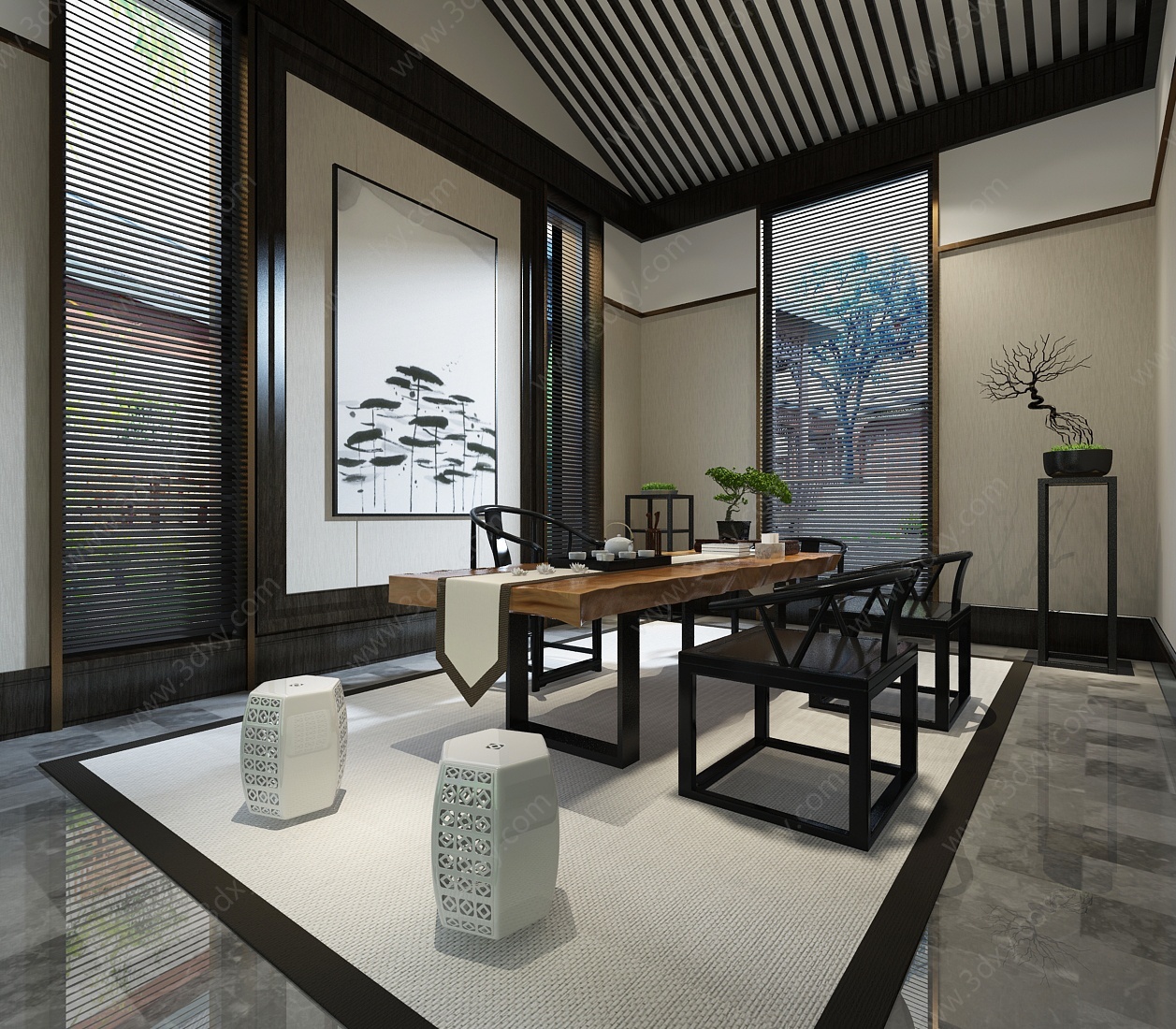 新中式休闲茶室茶桌椅3D模型
