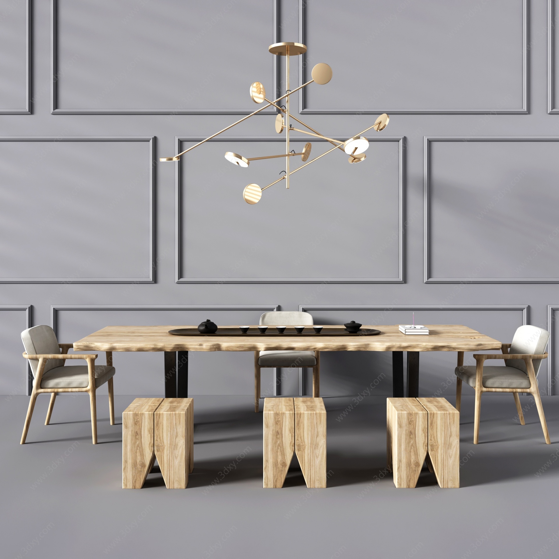 新中式茶桌椅茶室木头台3D模型