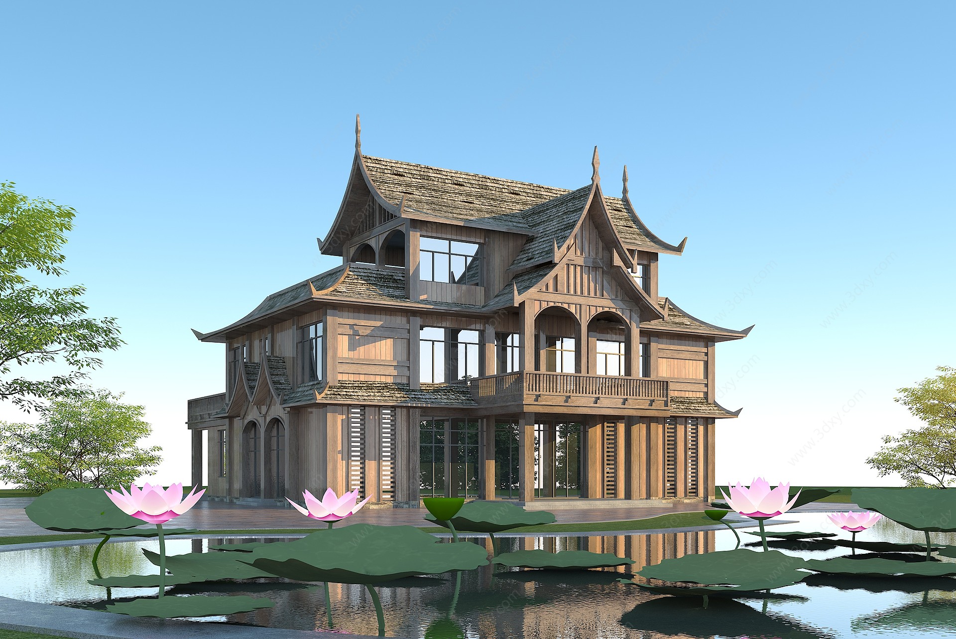 傣族木结构客栈三层木屋3D模型