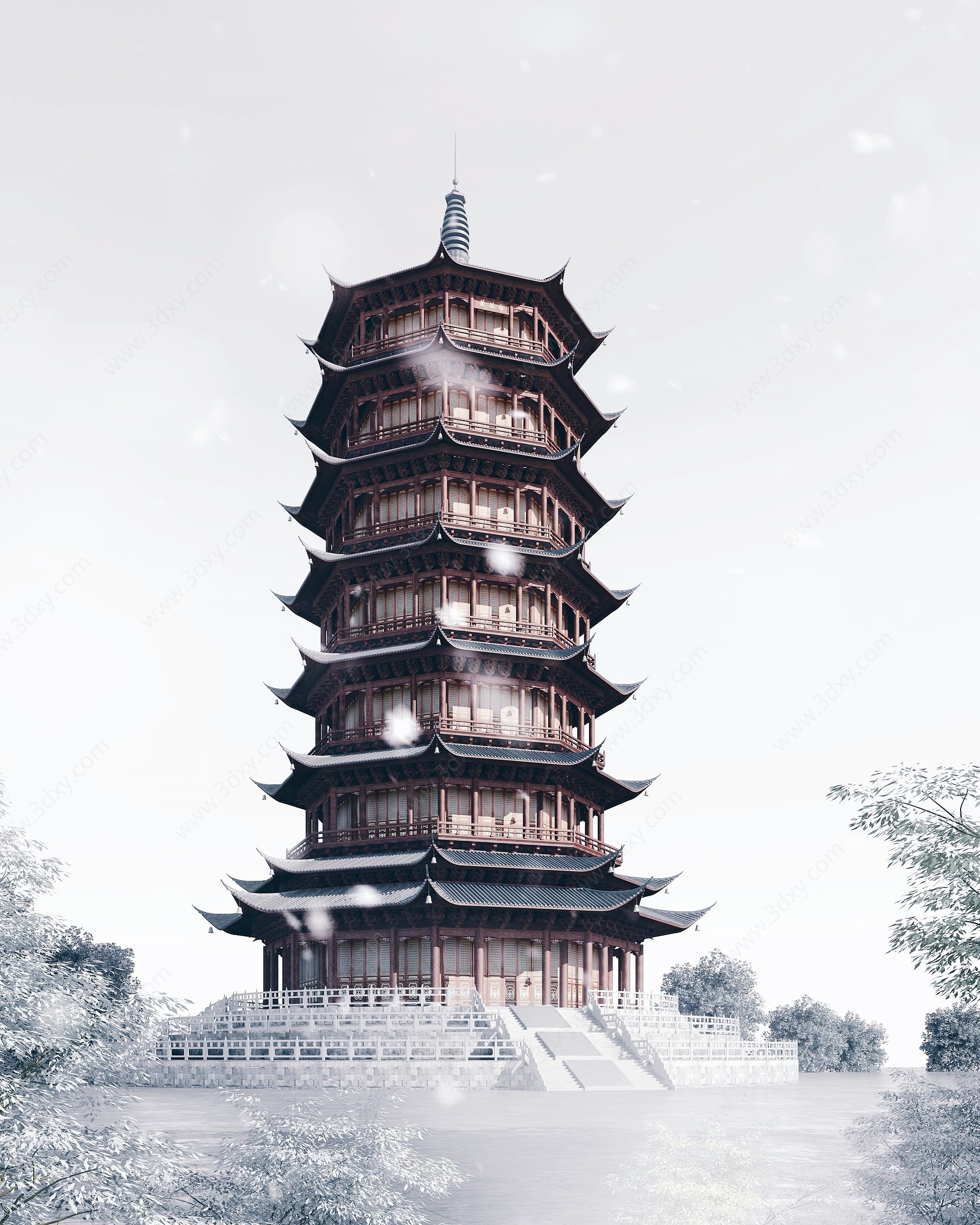 中式塔古建筑塔楼3D模型