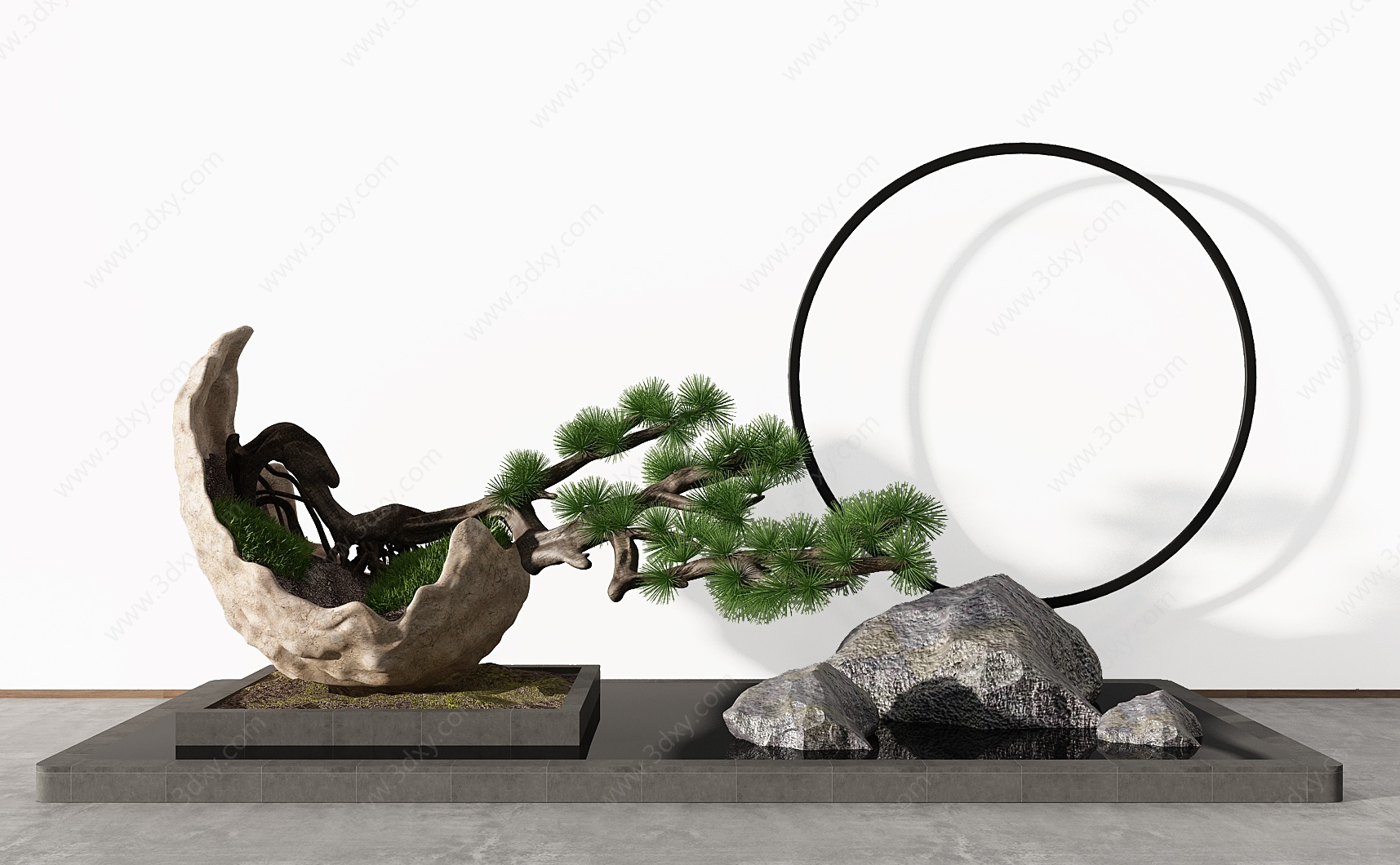 新中式松树石头水景摆件3D模型
