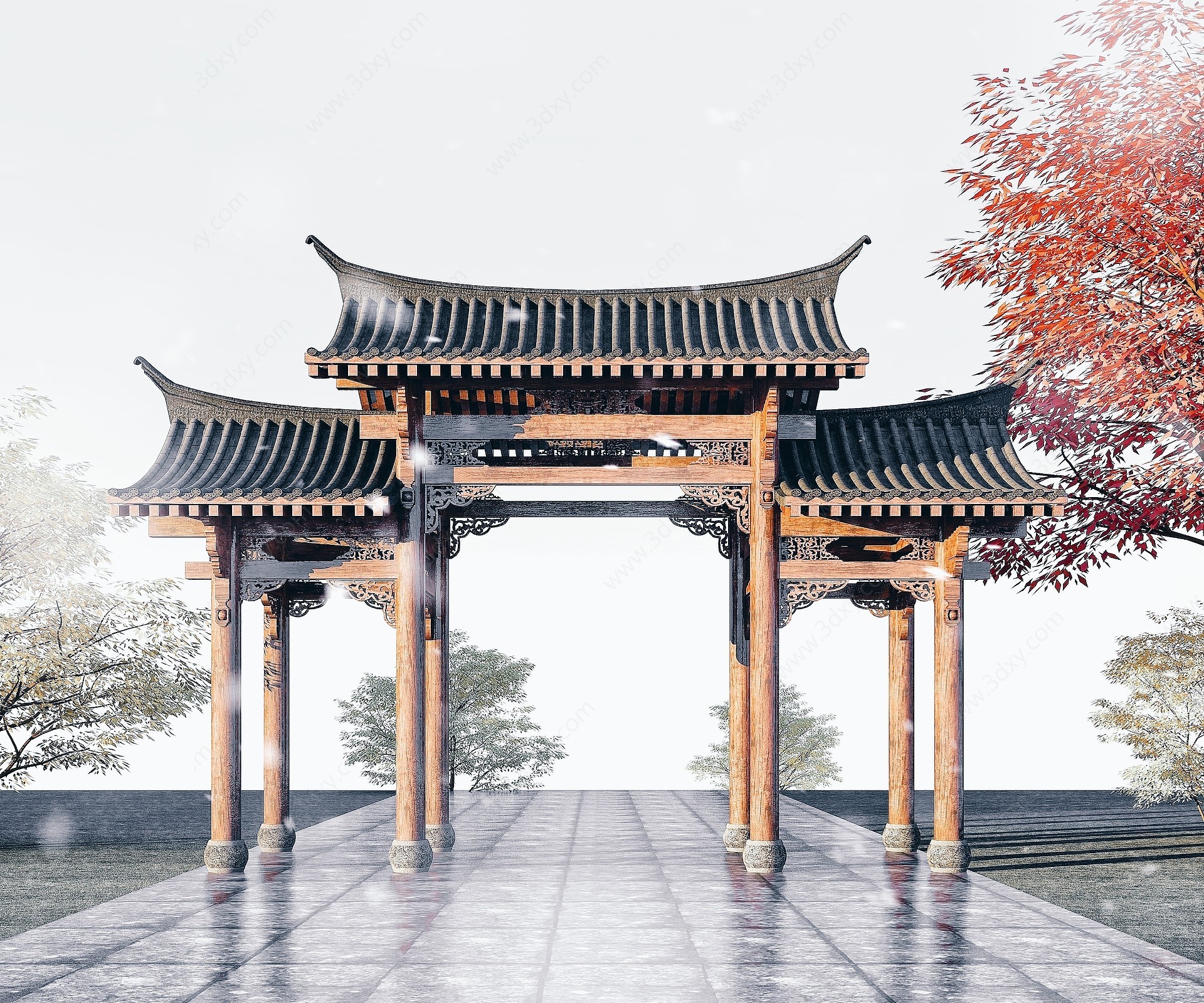 中式木结构牌坊古建筑门头3D模型