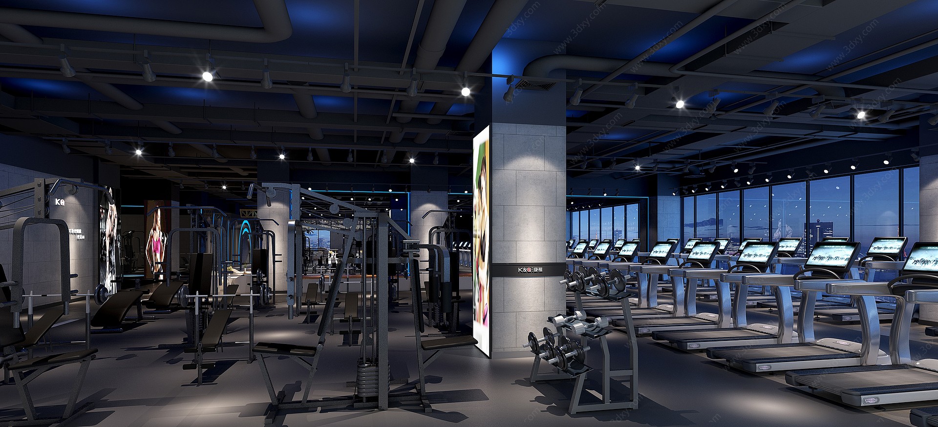 现代健身房机械区健身设备3D模型