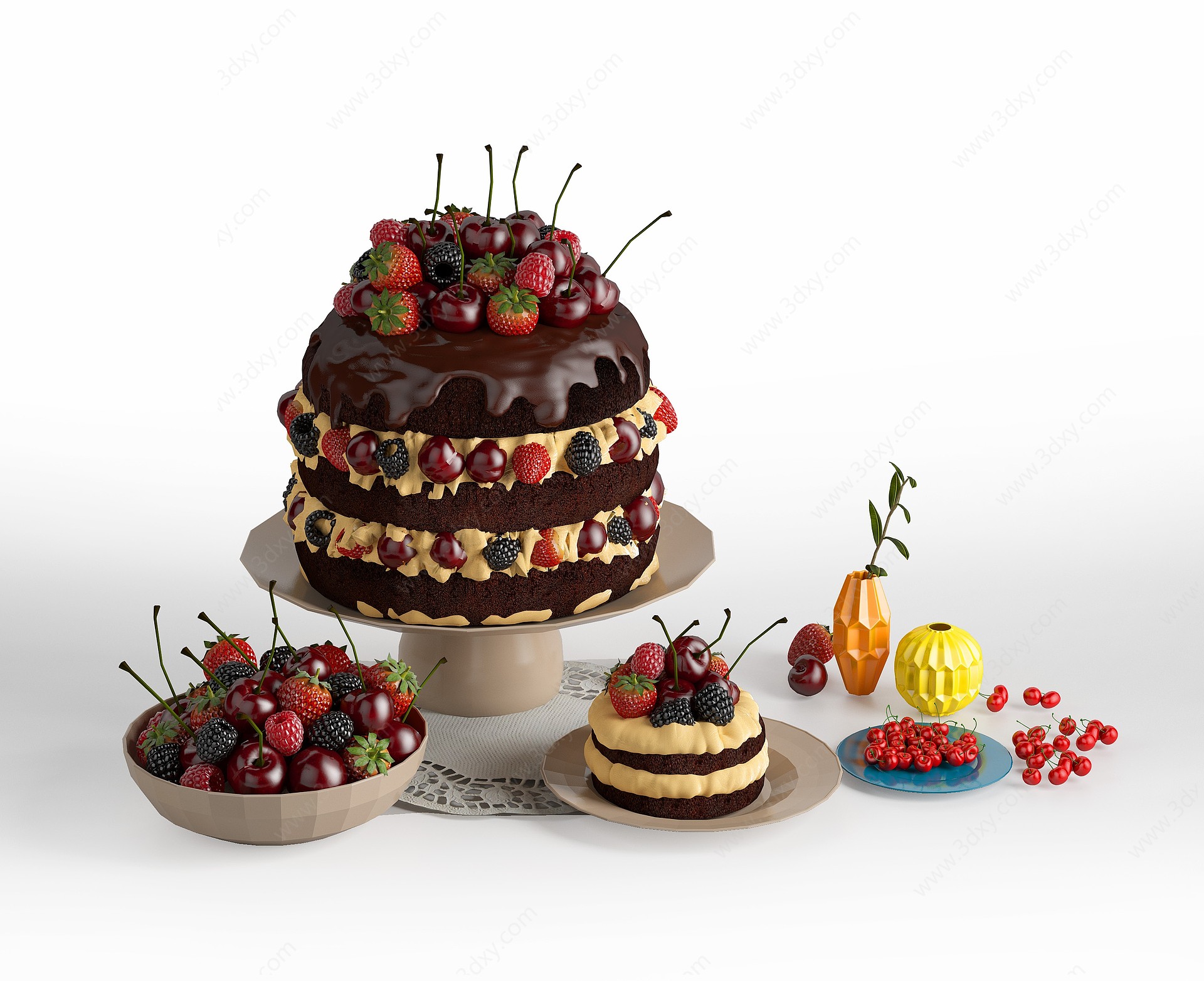 现代巧克力樱桃水果蛋糕3D模型