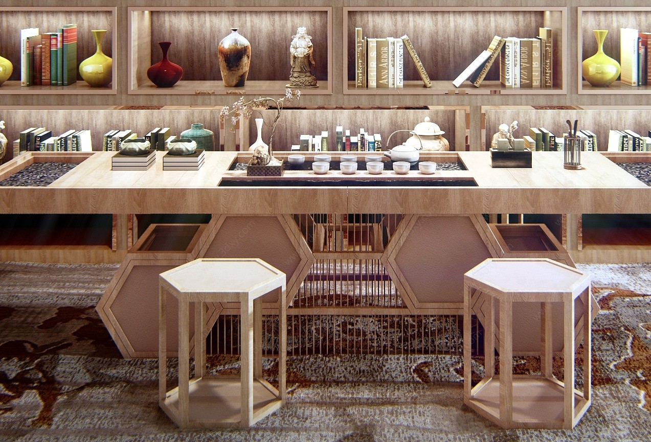 传统中式茶室书架茶桌椅3D模型