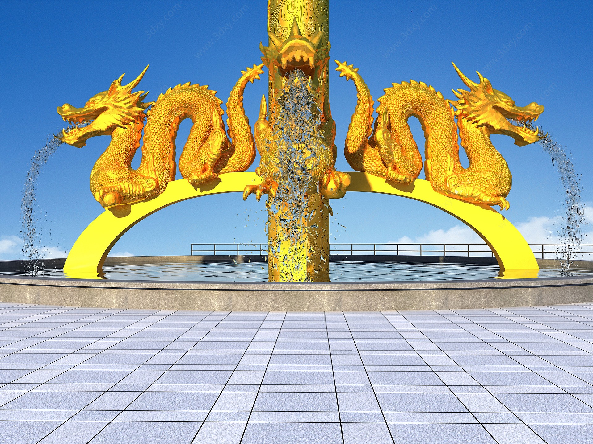 新中式雕塑盘龙柱喷泉3D模型