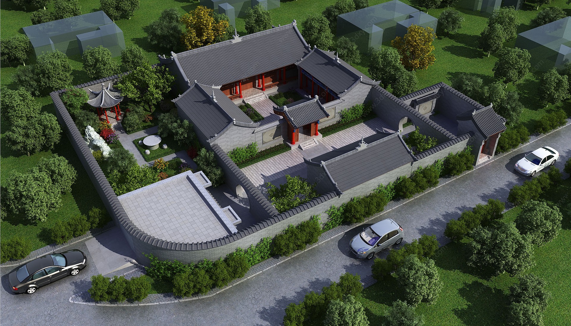 新中式民居四合院自建房3D模型