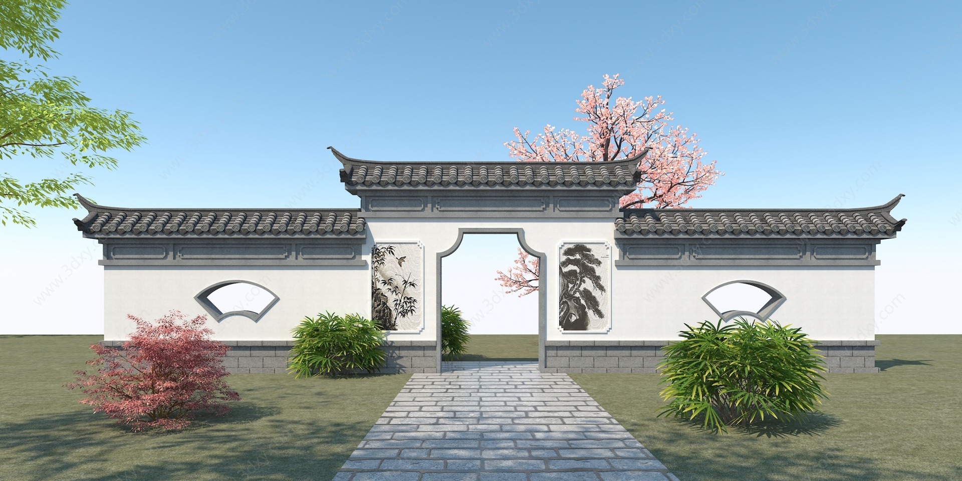 中式景墙园林景观墙庭院门3D模型