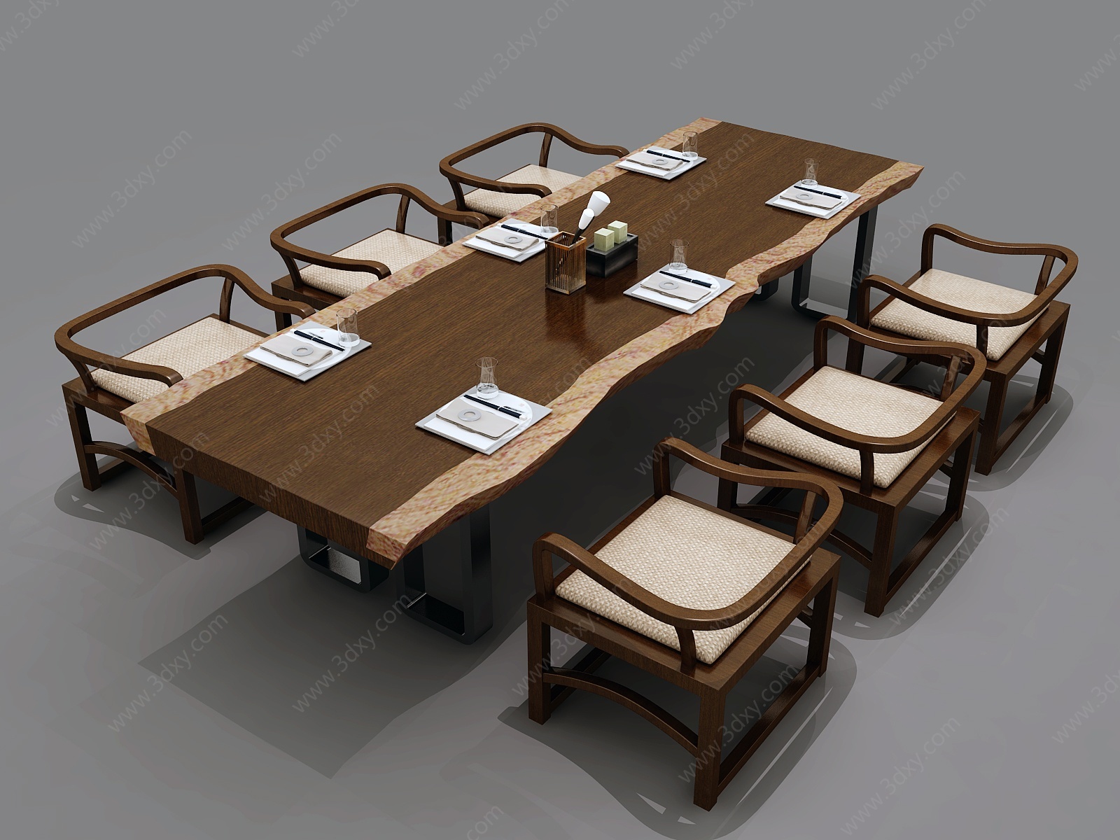新中式会议桌办公家具3D模型