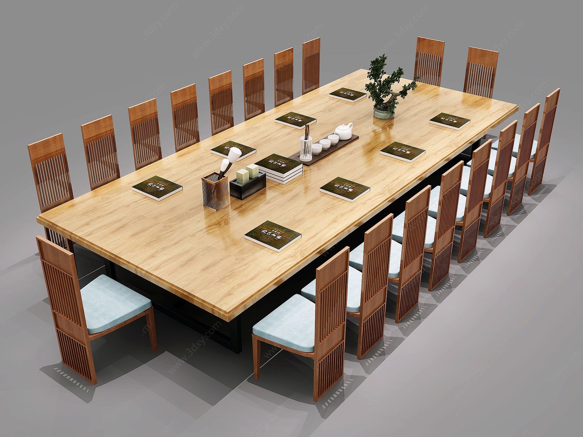 新中式会议桌茶具办公用品3D模型