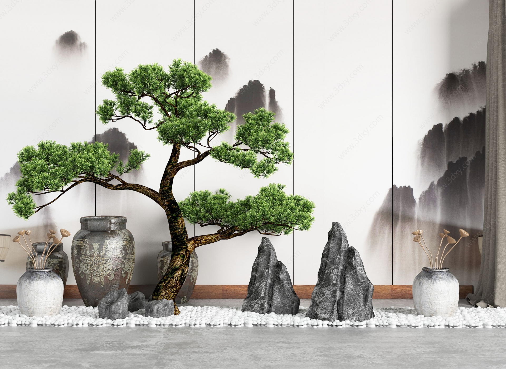 新中式碎石枯山水松树3D模型