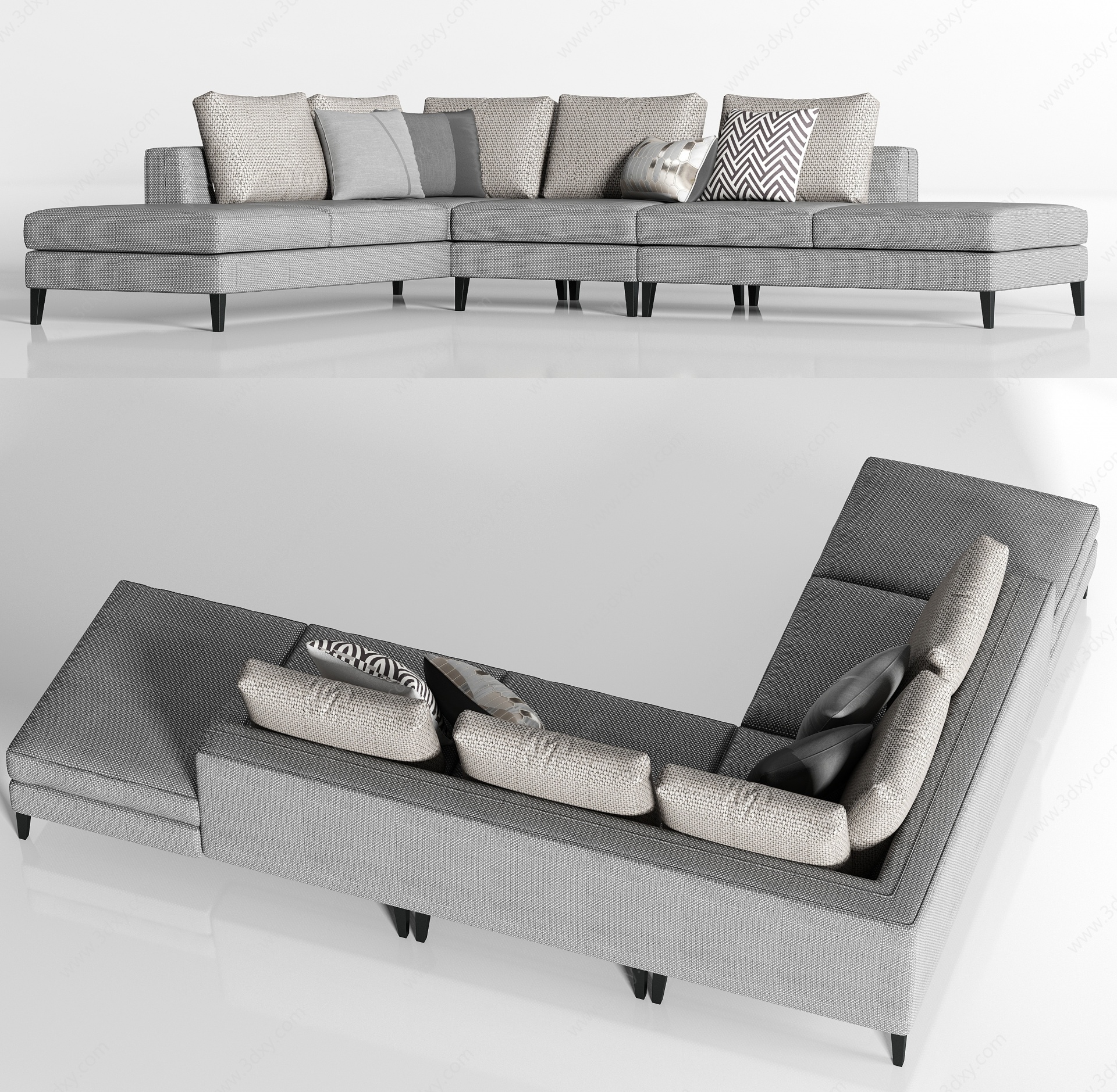 现代灰色布艺转角多人沙发3D模型