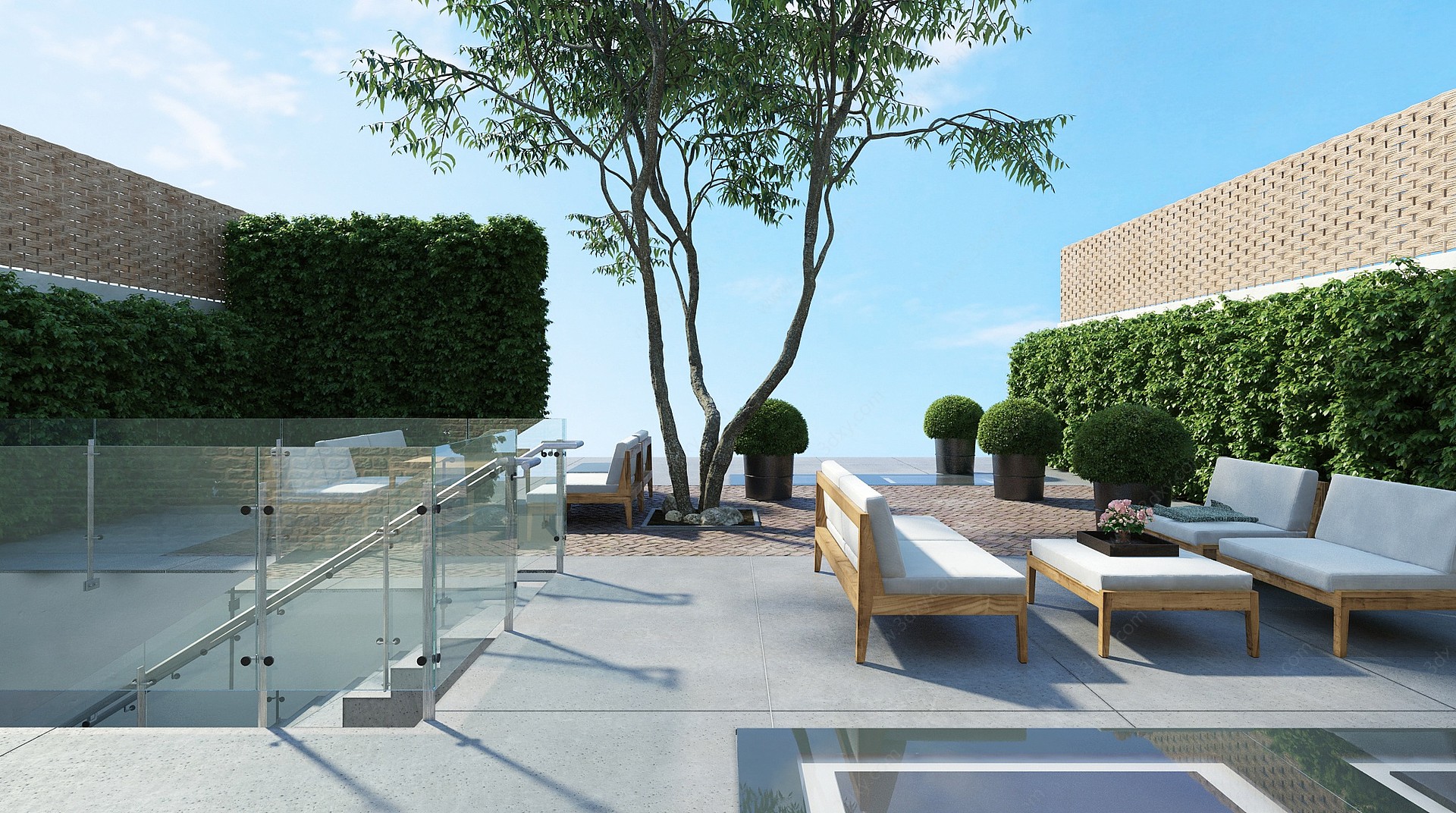 现代中庭庭院花园绿植3D模型