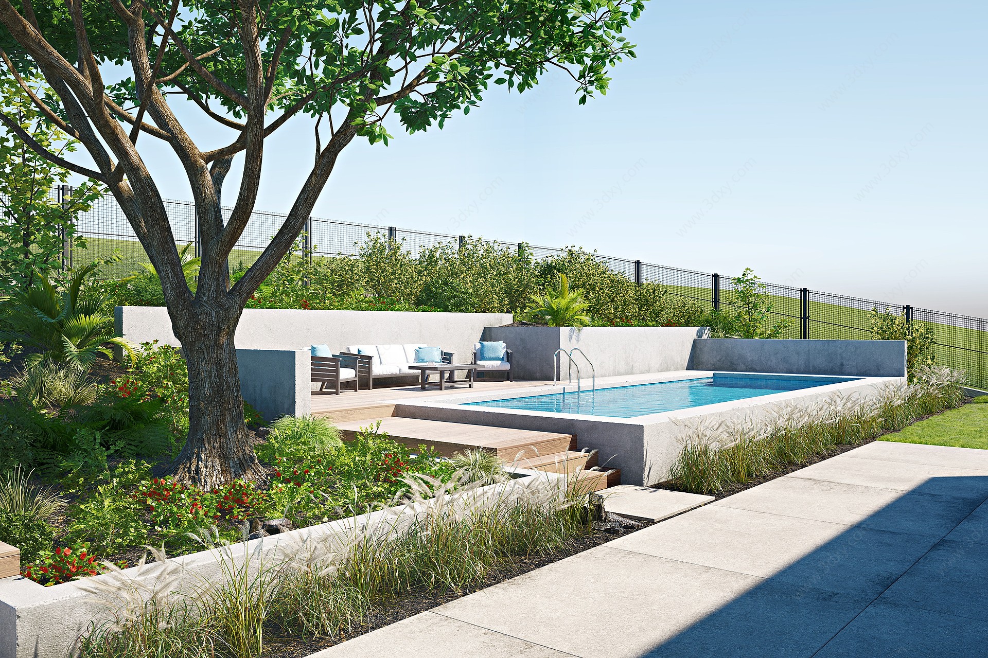 现代花园露天游泳池3D模型