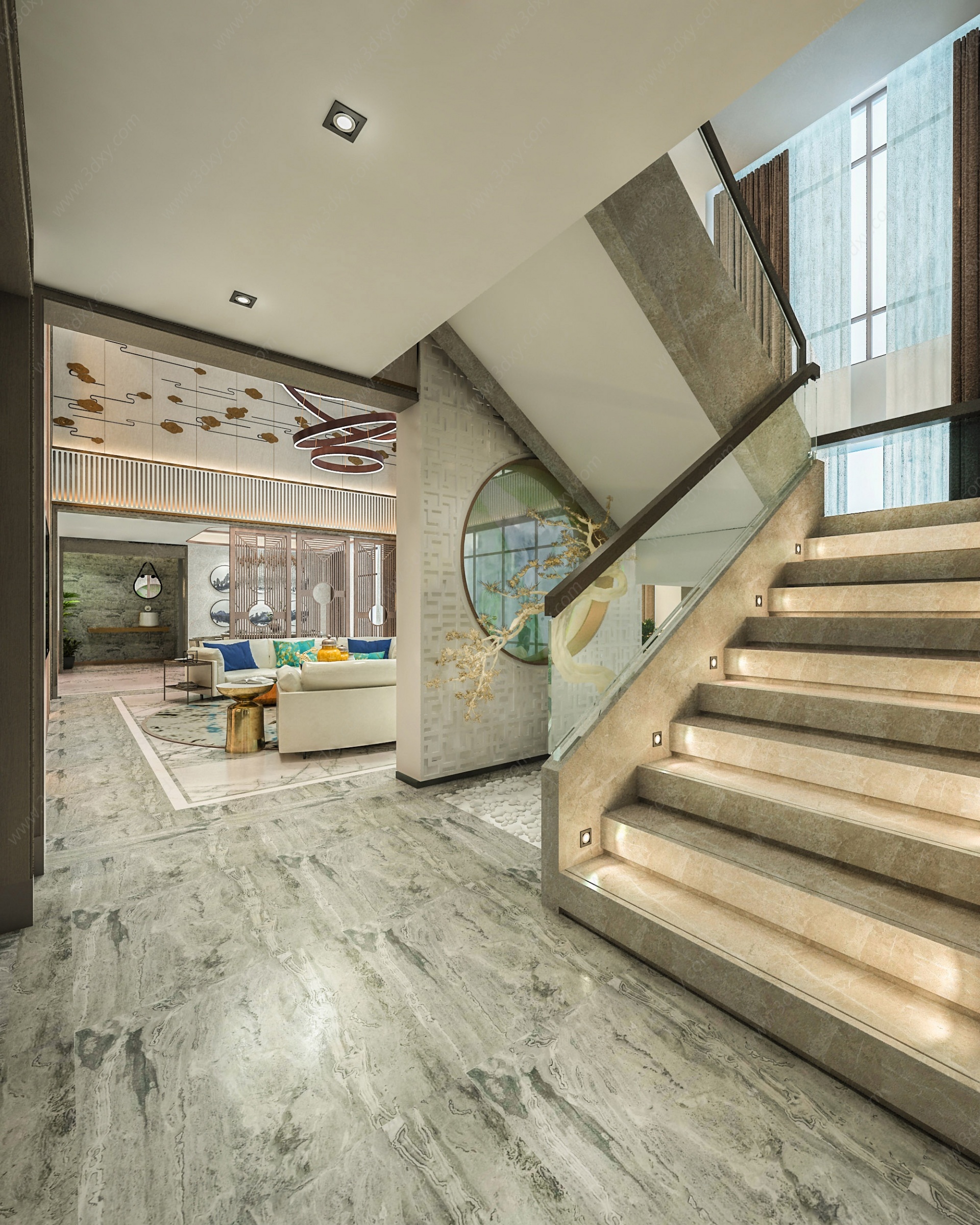 新中式客厅楼梯间3D模型