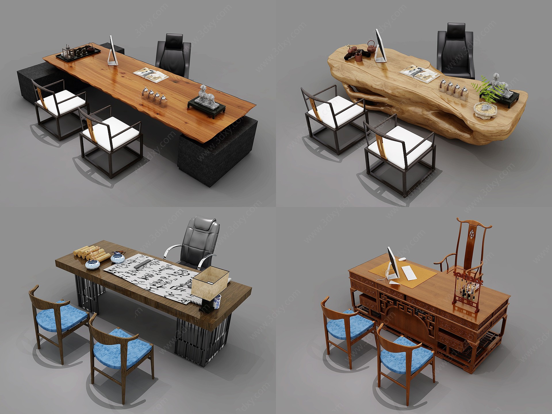 新中式办公桌班台3D模型