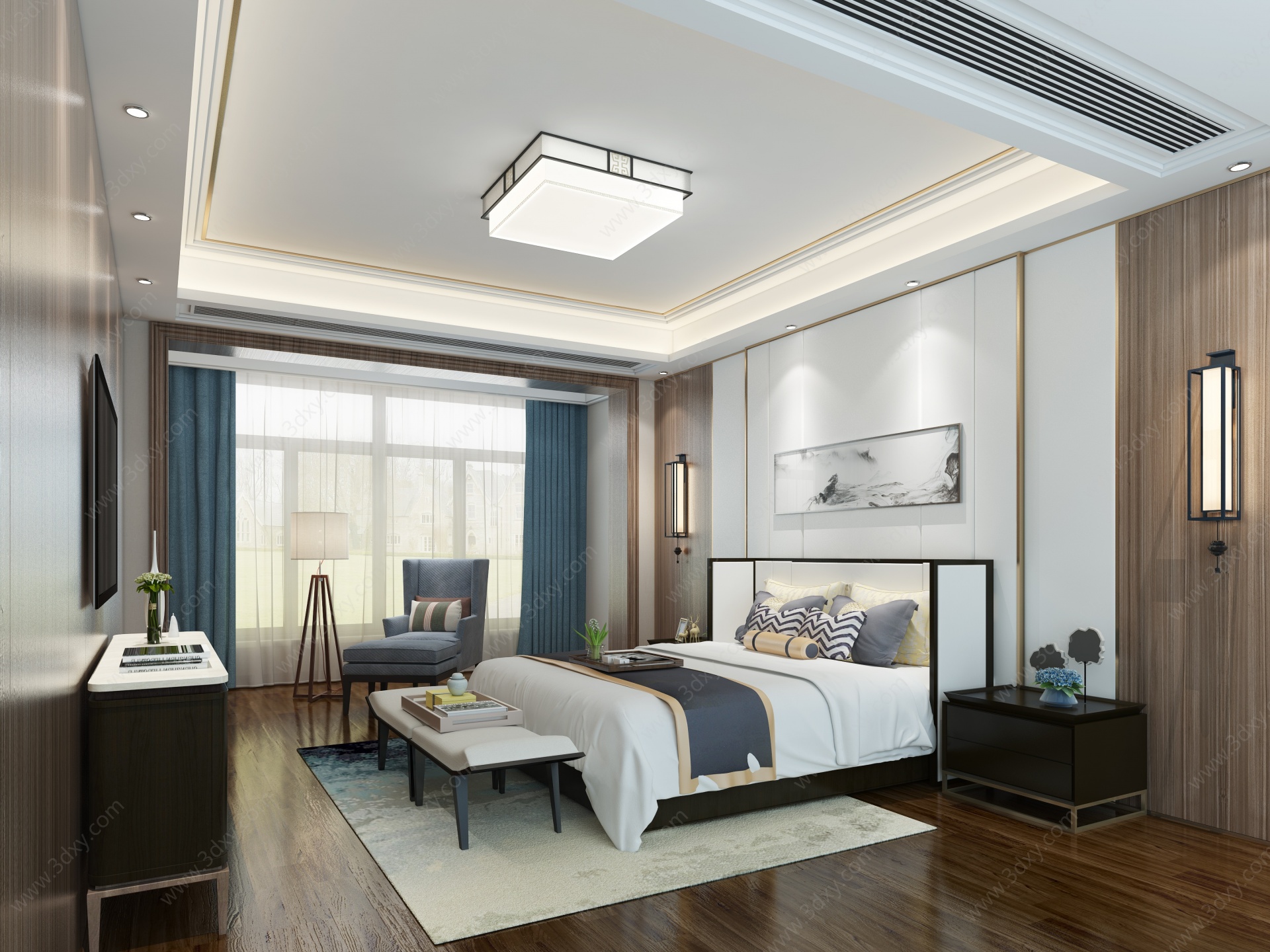 新中式卧室床吸顶灯壁灯3D模型