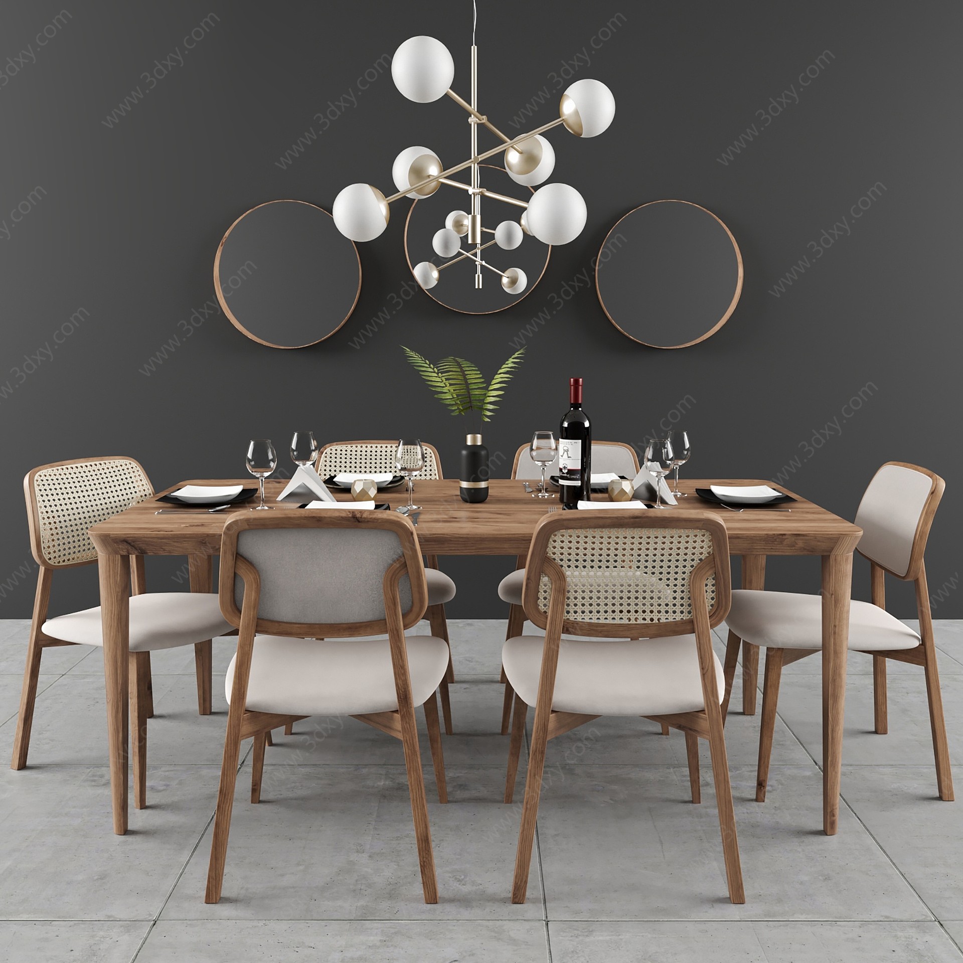 现代餐桌椅吊灯装饰镜3D模型