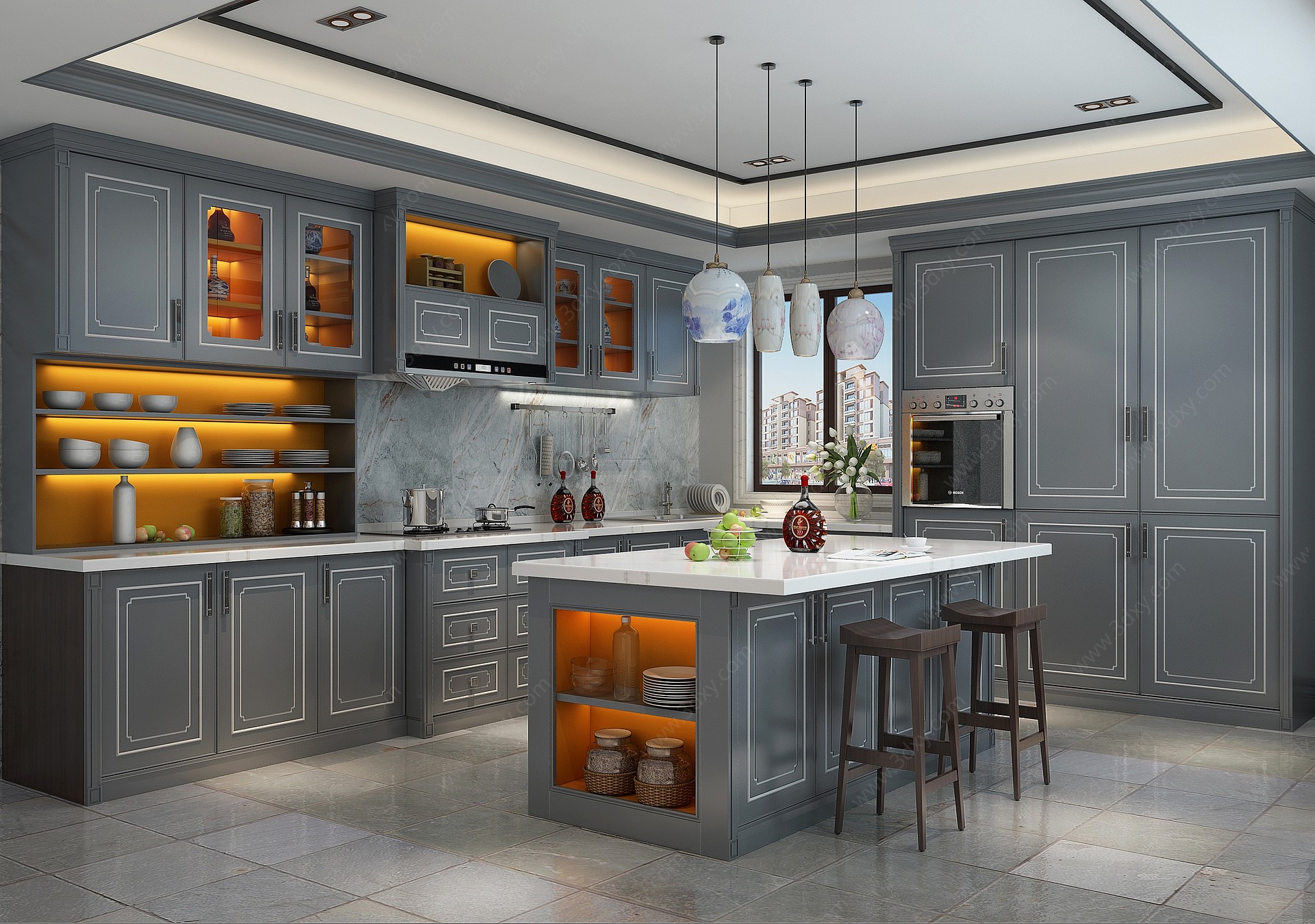 新中式厨房厨柜中岛柜3D模型