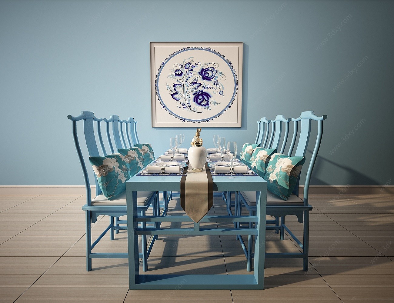 中式蓝色餐桌椅3D模型