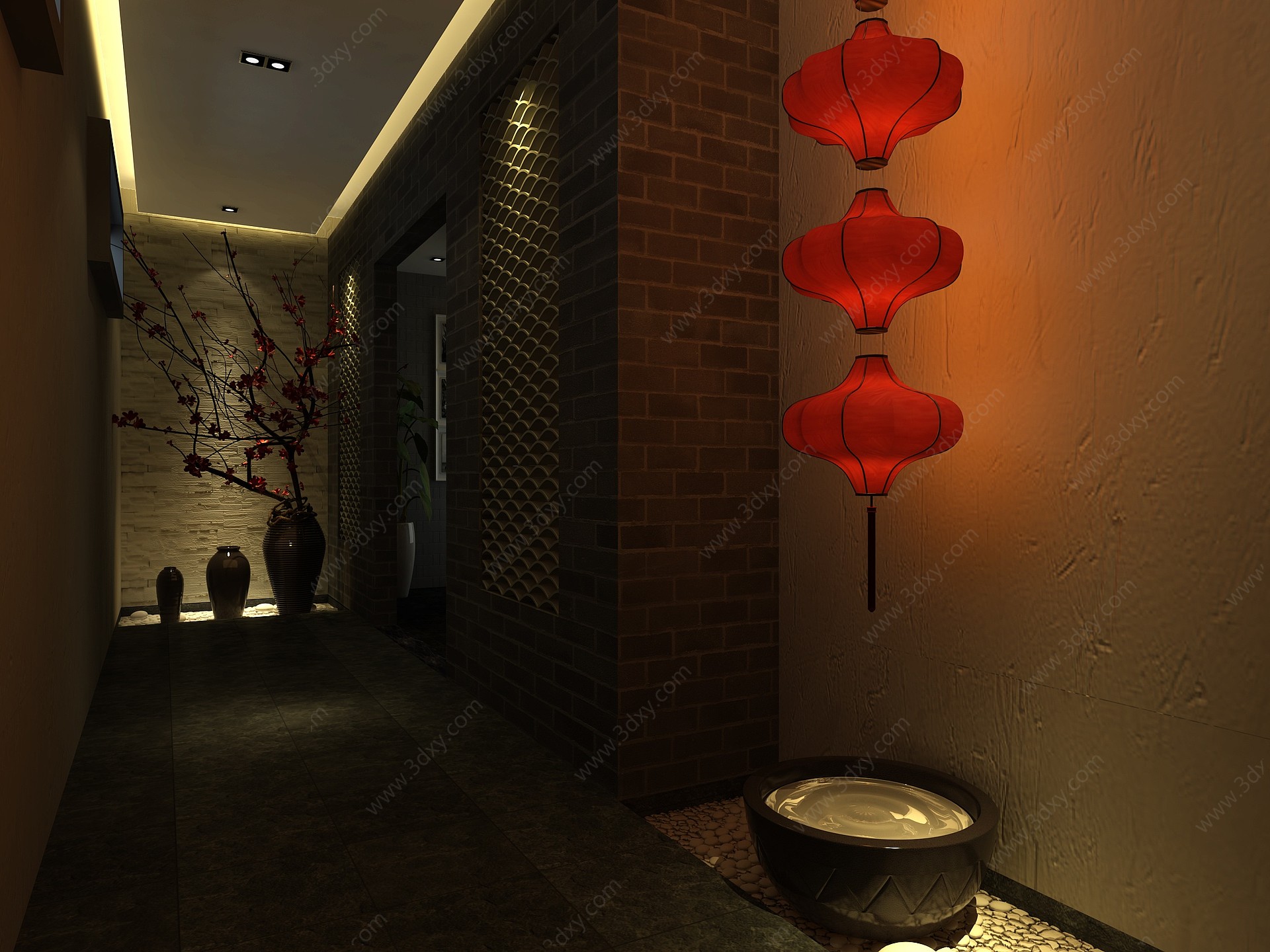 中式茶锈过道走廊3D模型