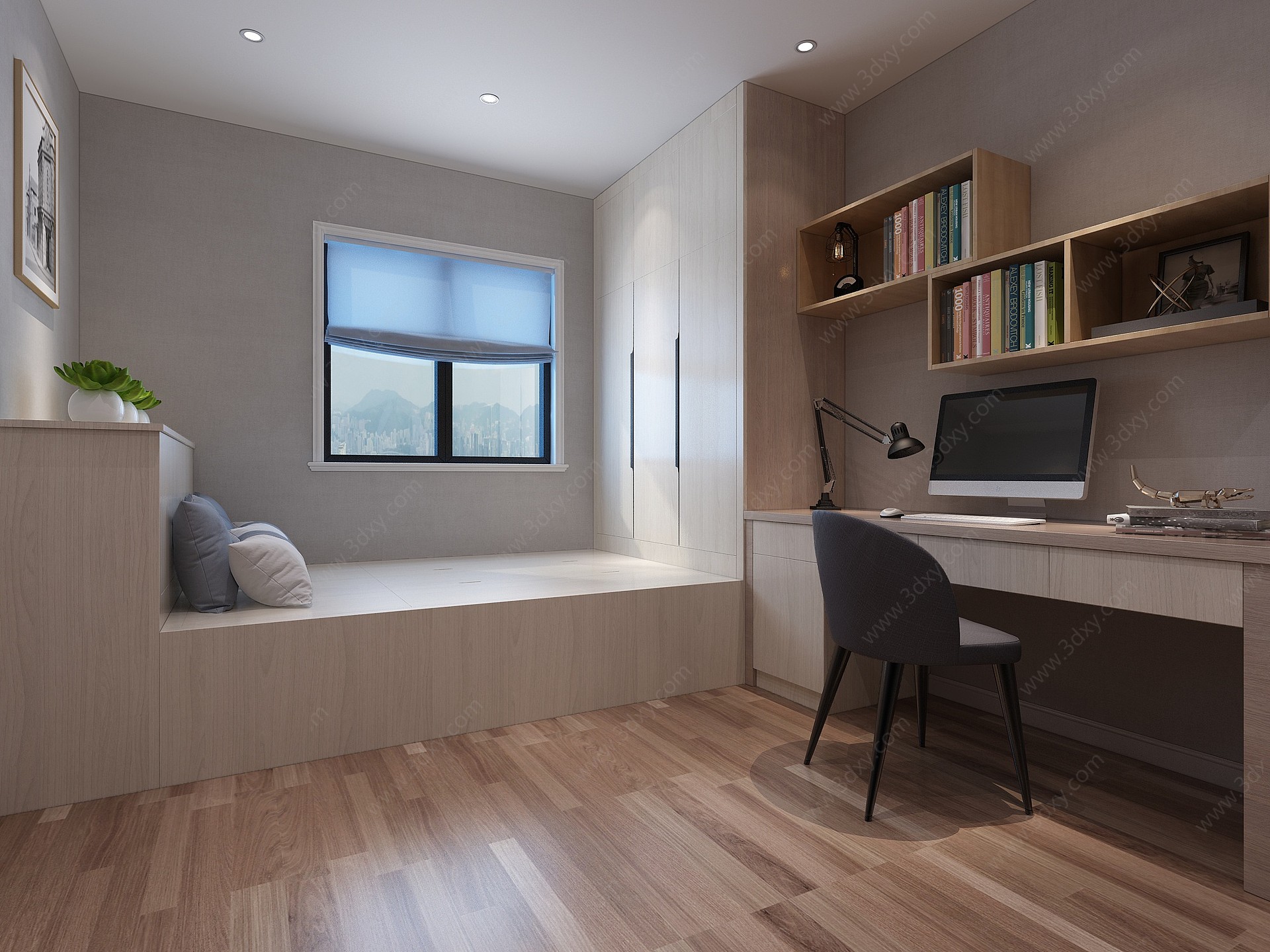 现代书房榻榻米室双人床3D模型