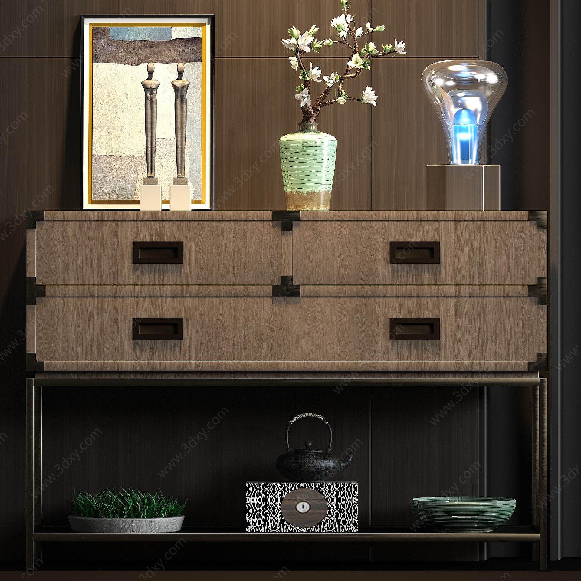 新中式实木端景柜饰品3D模型