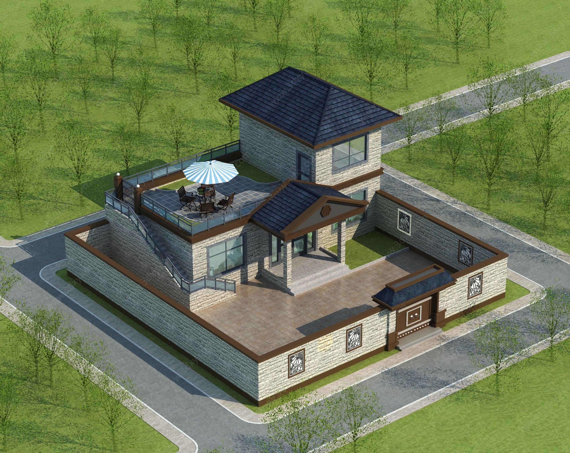 中式别墅带院3D模型