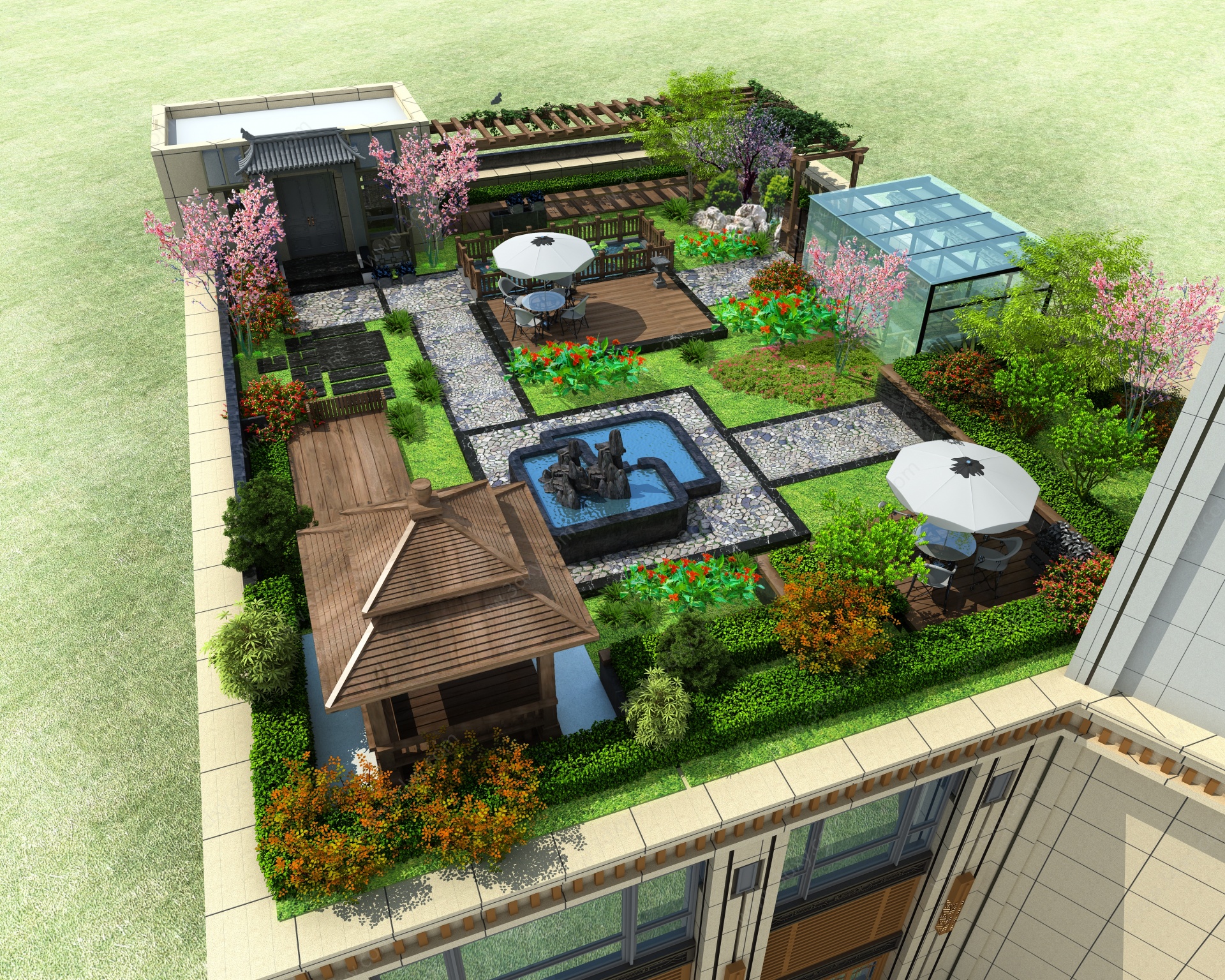 新中式屋顶花园阳光房3D模型