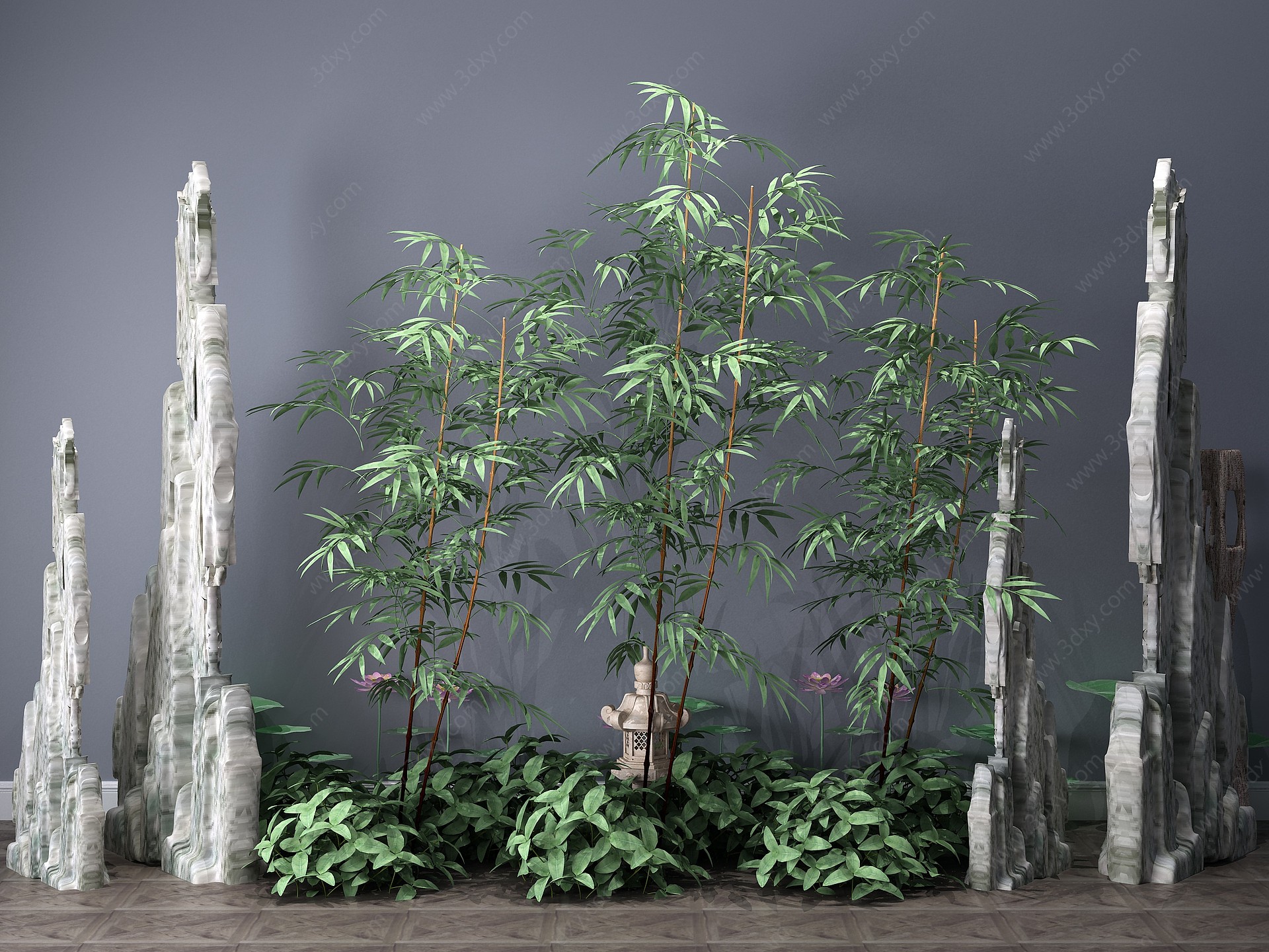 中式植物小品假山3D模型