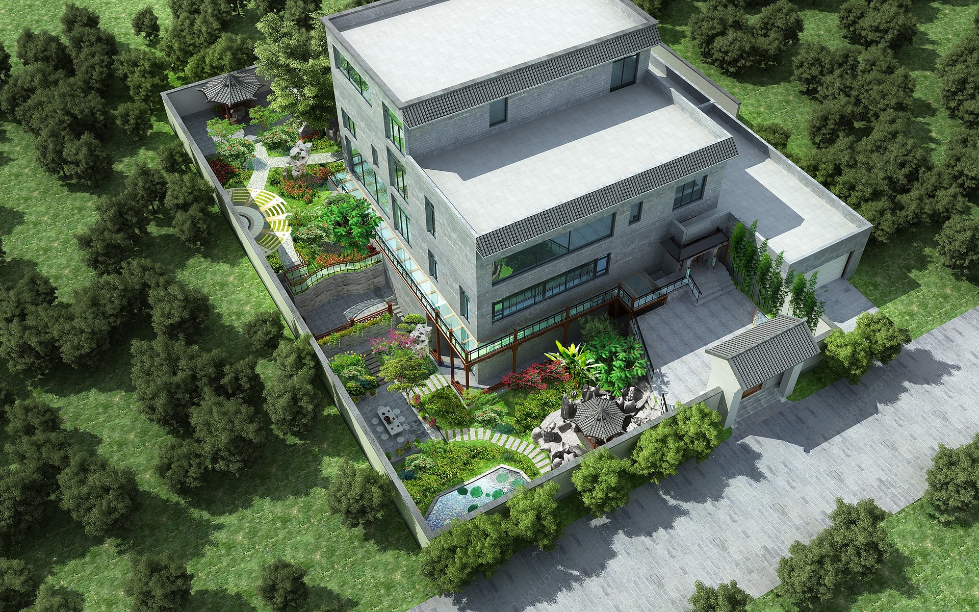 新中式别墅庭院景观3D模型