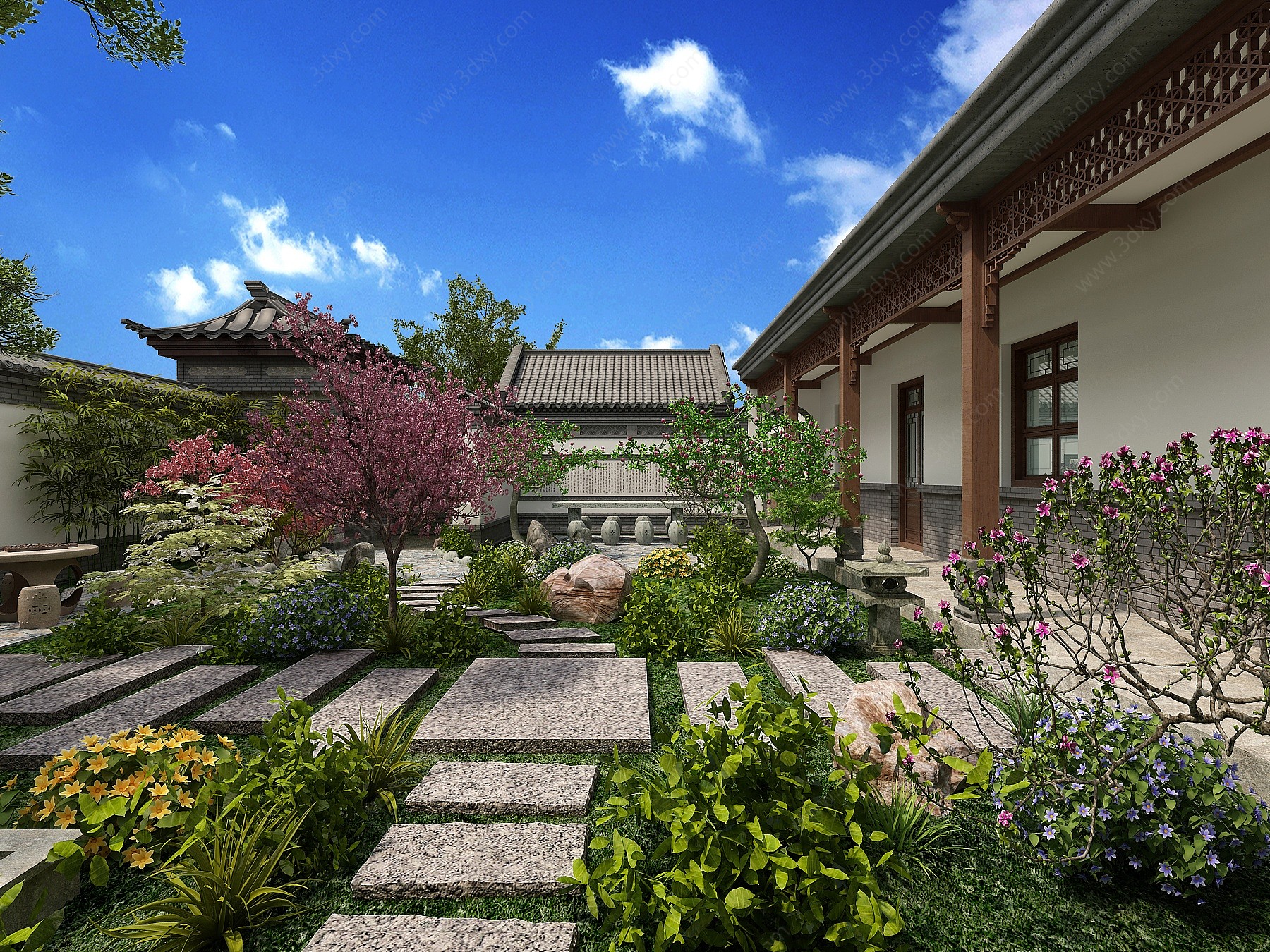 中式影壁墙古建花园3D模型