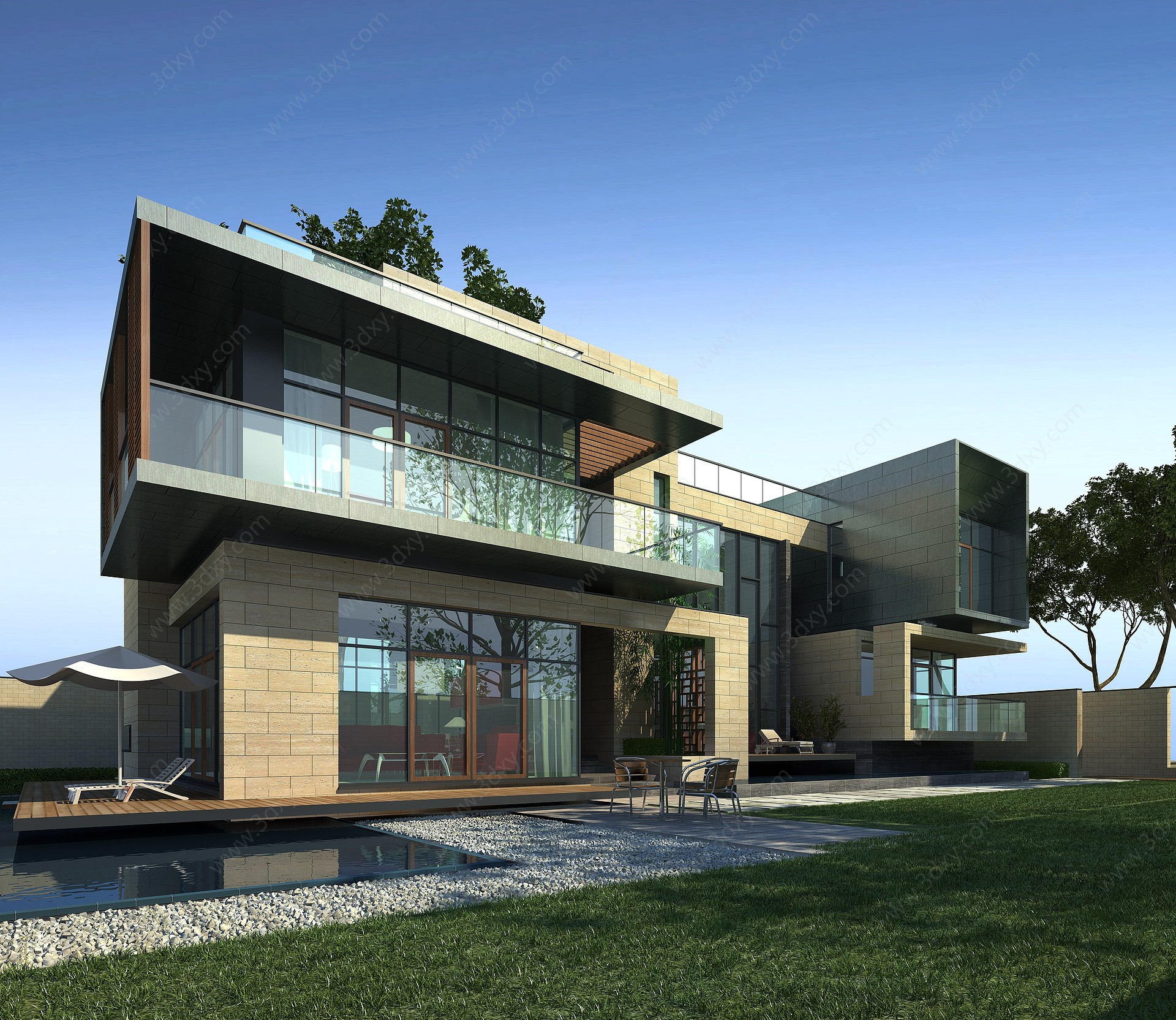 现代石材玻璃别墅3D模型