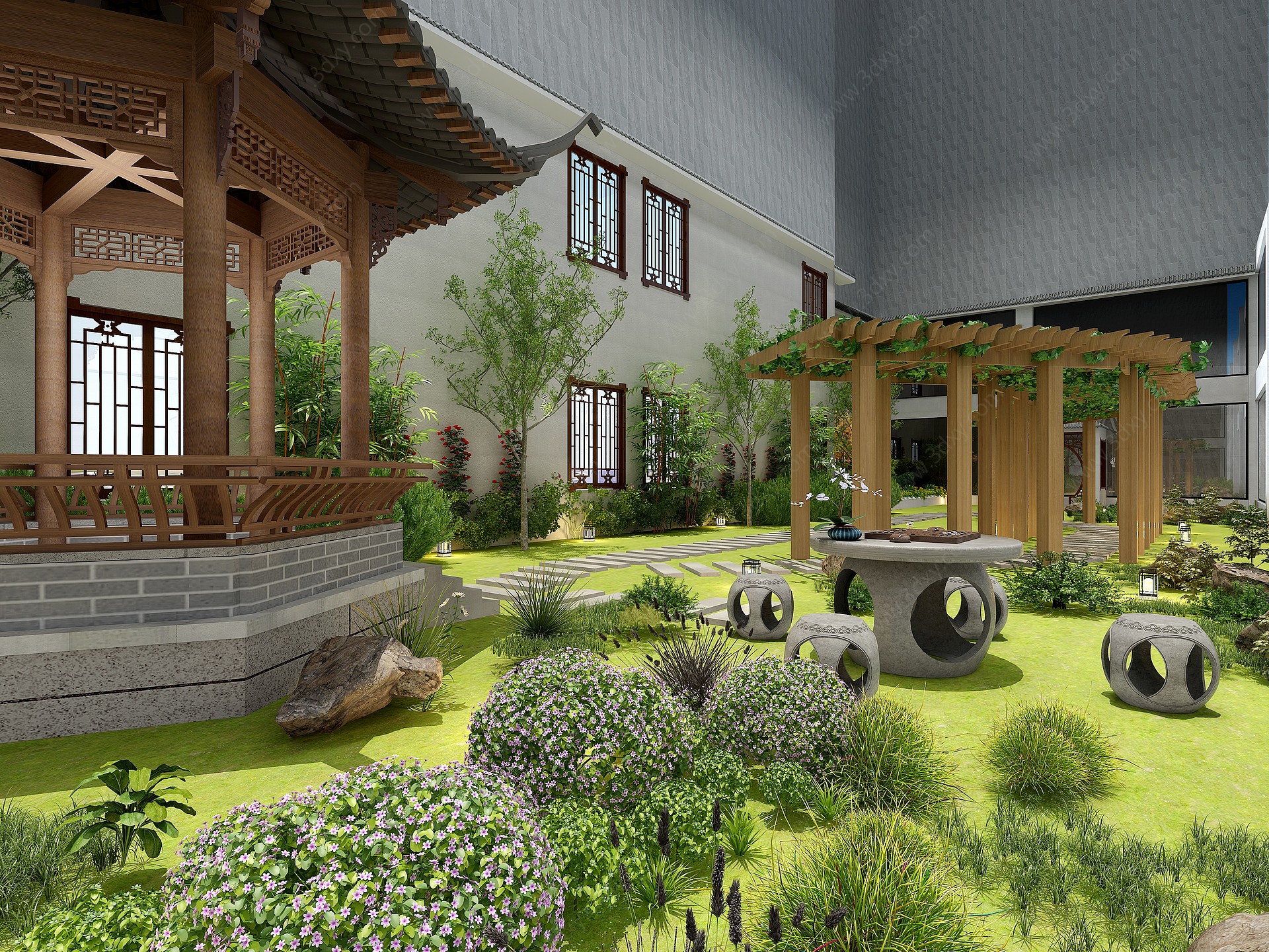 新中式园林水景景观亭子3D模型