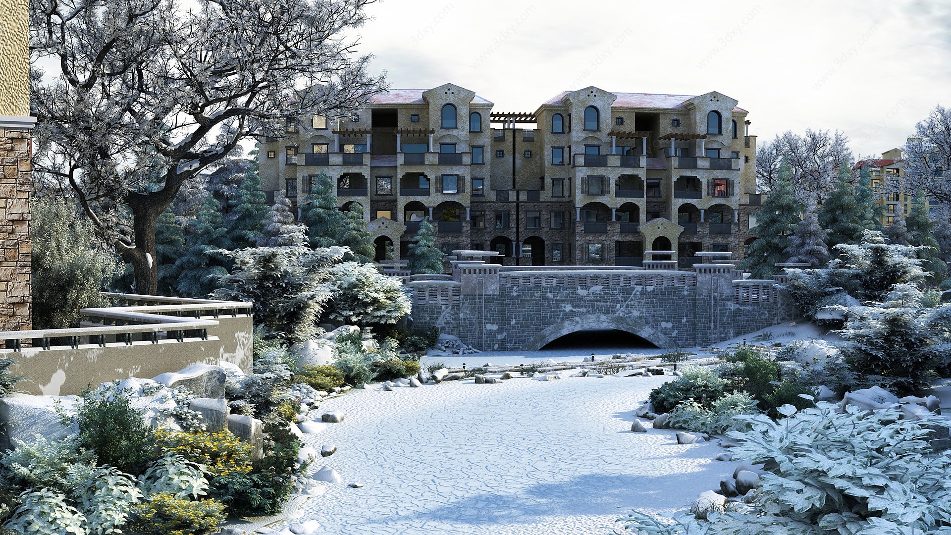现代住宅雪景园林景观3D模型