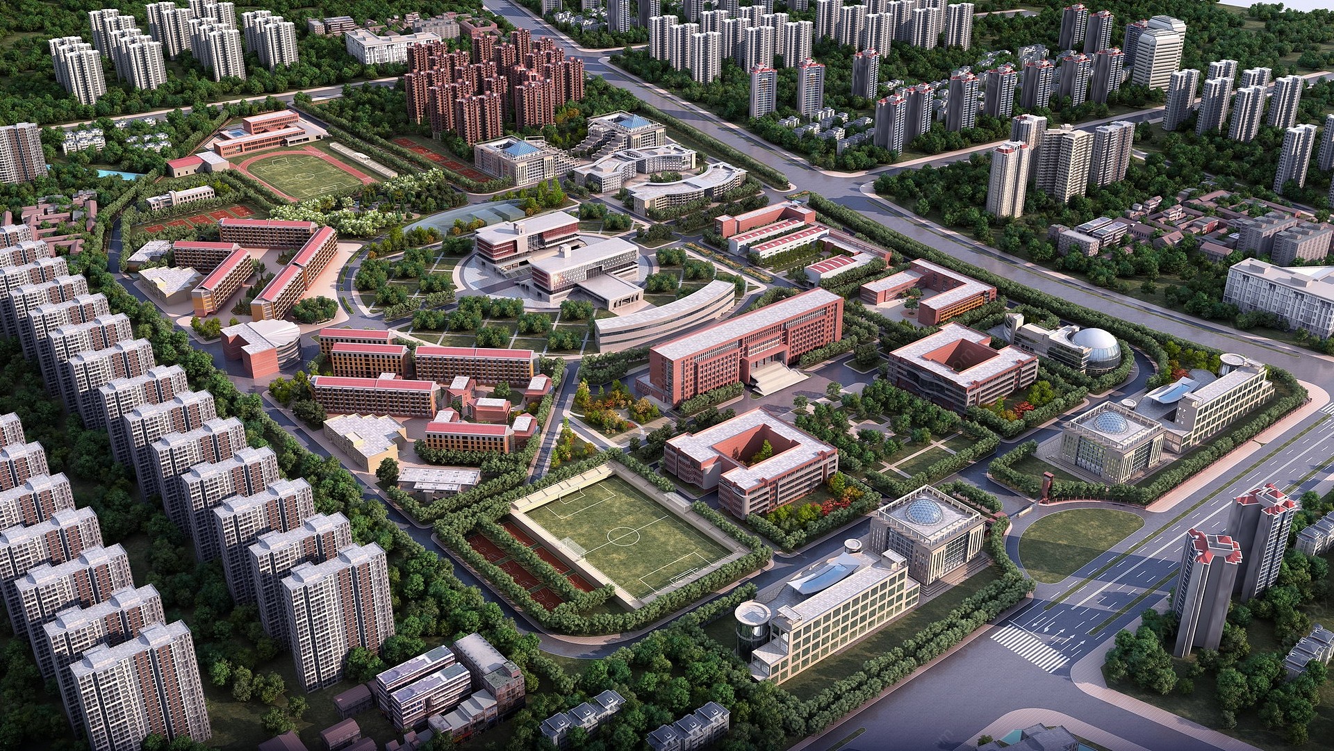 现代北京某大学校园鸟瞰3D模型