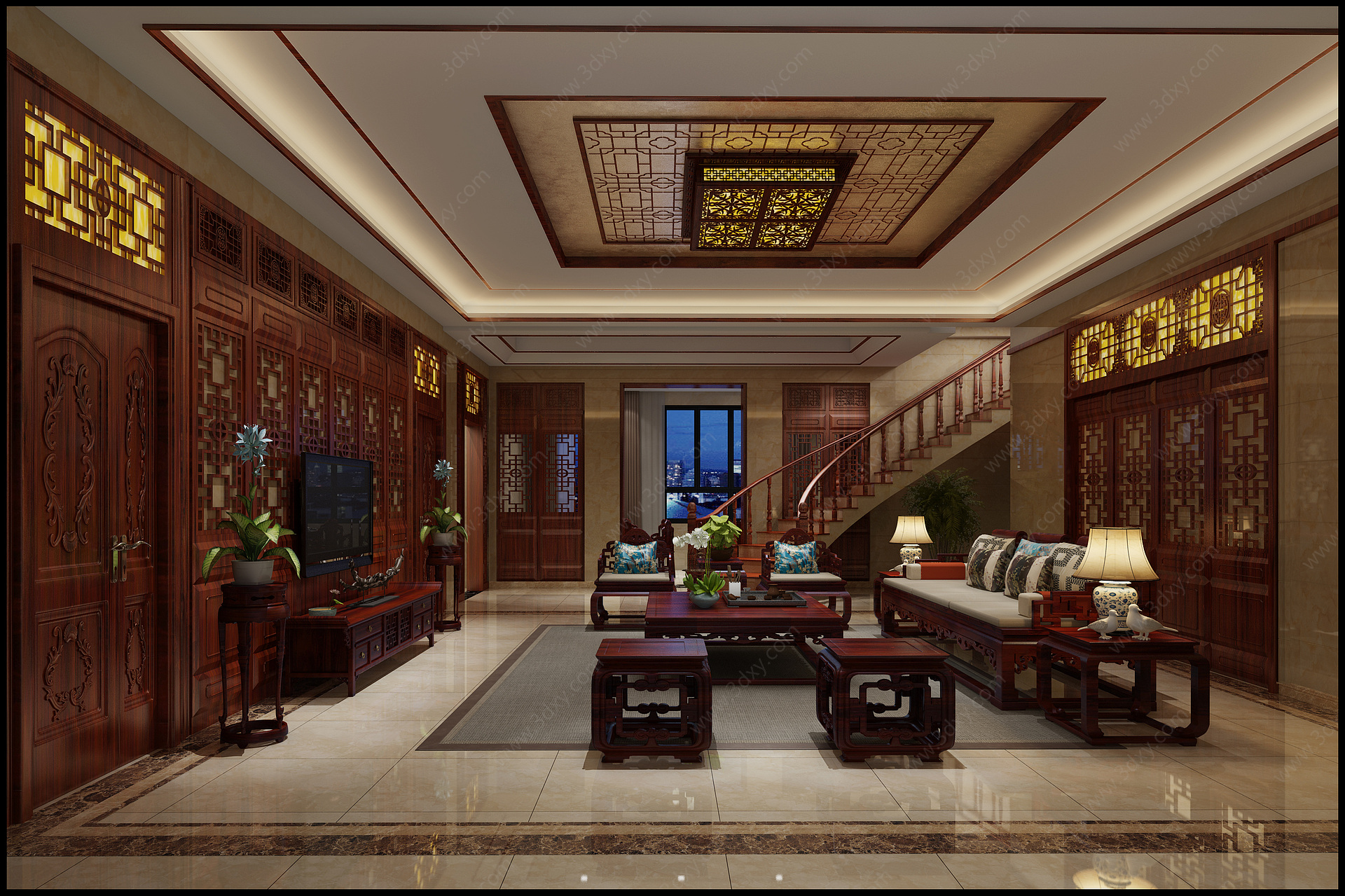 中式别墅客餐厅3D模型